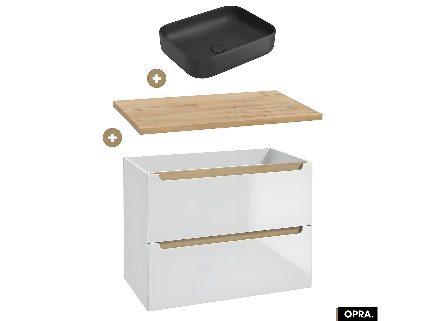 Ensemble meuble sous vasque avec plan et vasque à poser - Siphon OFFERT | OPRA | Blanc-Oak | 80 × 60 × 45 cm