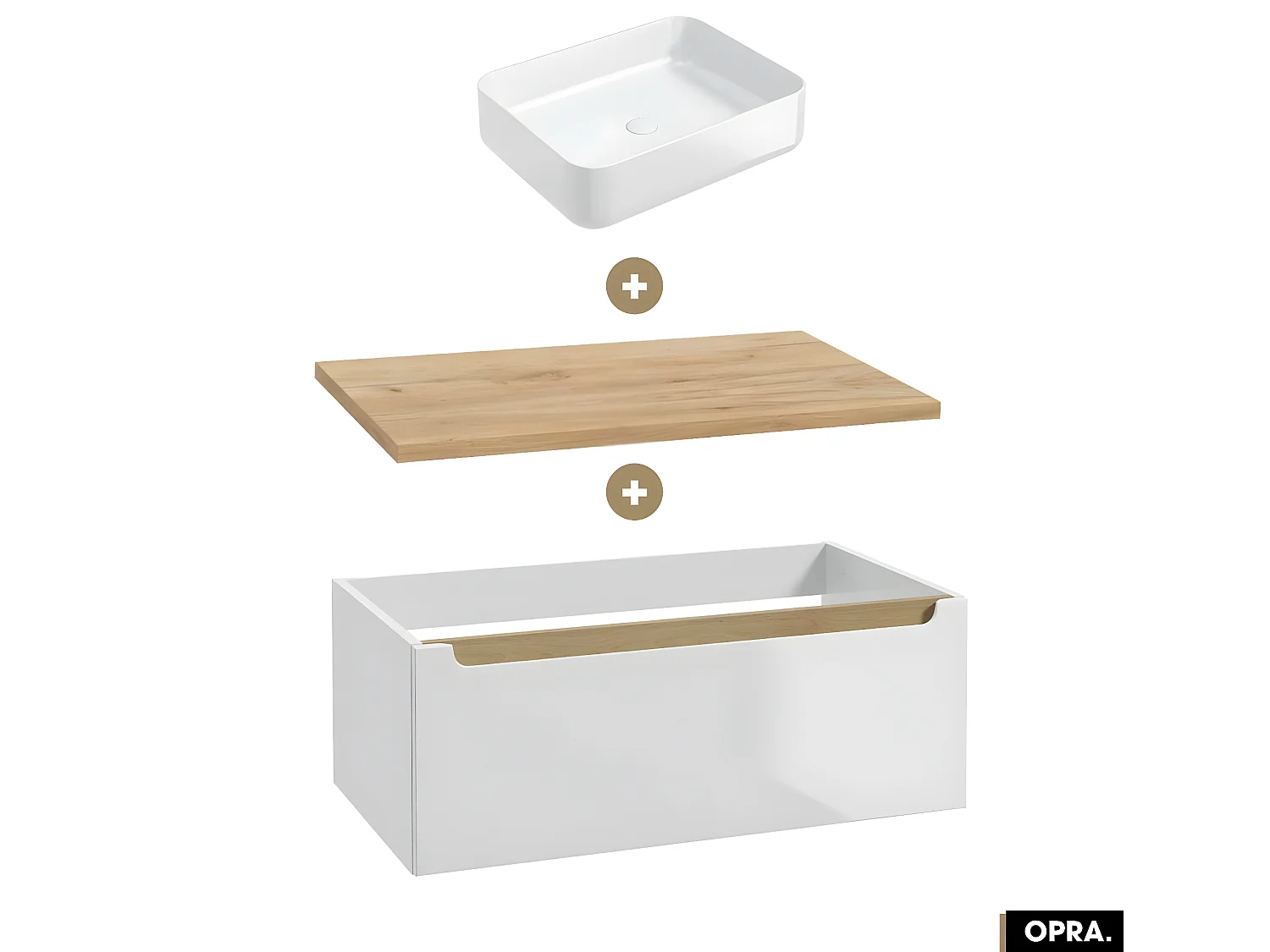 Ensemble meuble sous vasque avec plan et vasque à poser - Siphon OFFERT | OPRA | Blanc-Oak | 80 × 30 × 45 cm