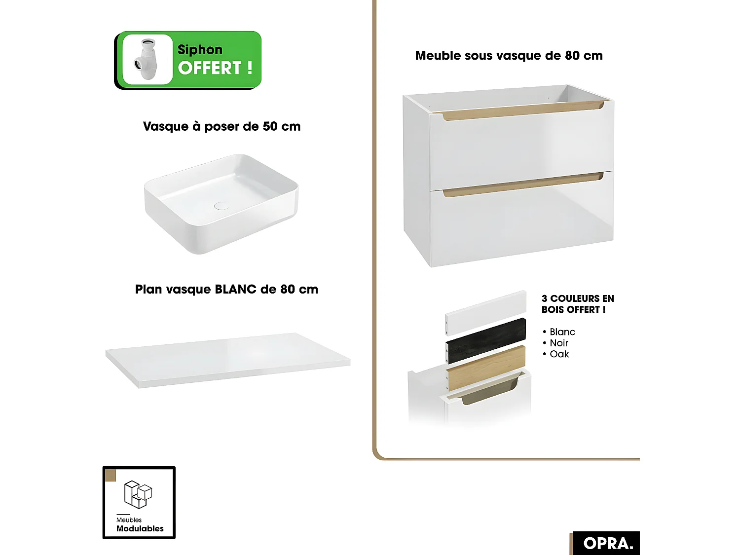 Ensemble meuble sous vasque avec plan et vasque à poser - Siphon OFFERT | OPRA | Blanc | 80 × 60 × 45 cm