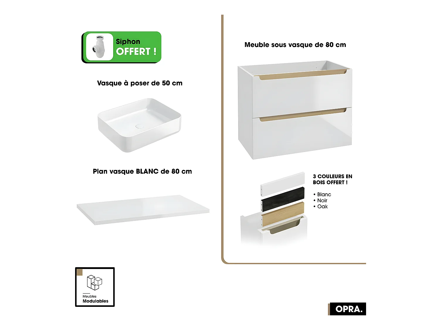 Ensemble meuble sous vasque avec plan et vasque à poser - Siphon OFFERT | OPRA | Blanc | 80 × 60 × 45 cm