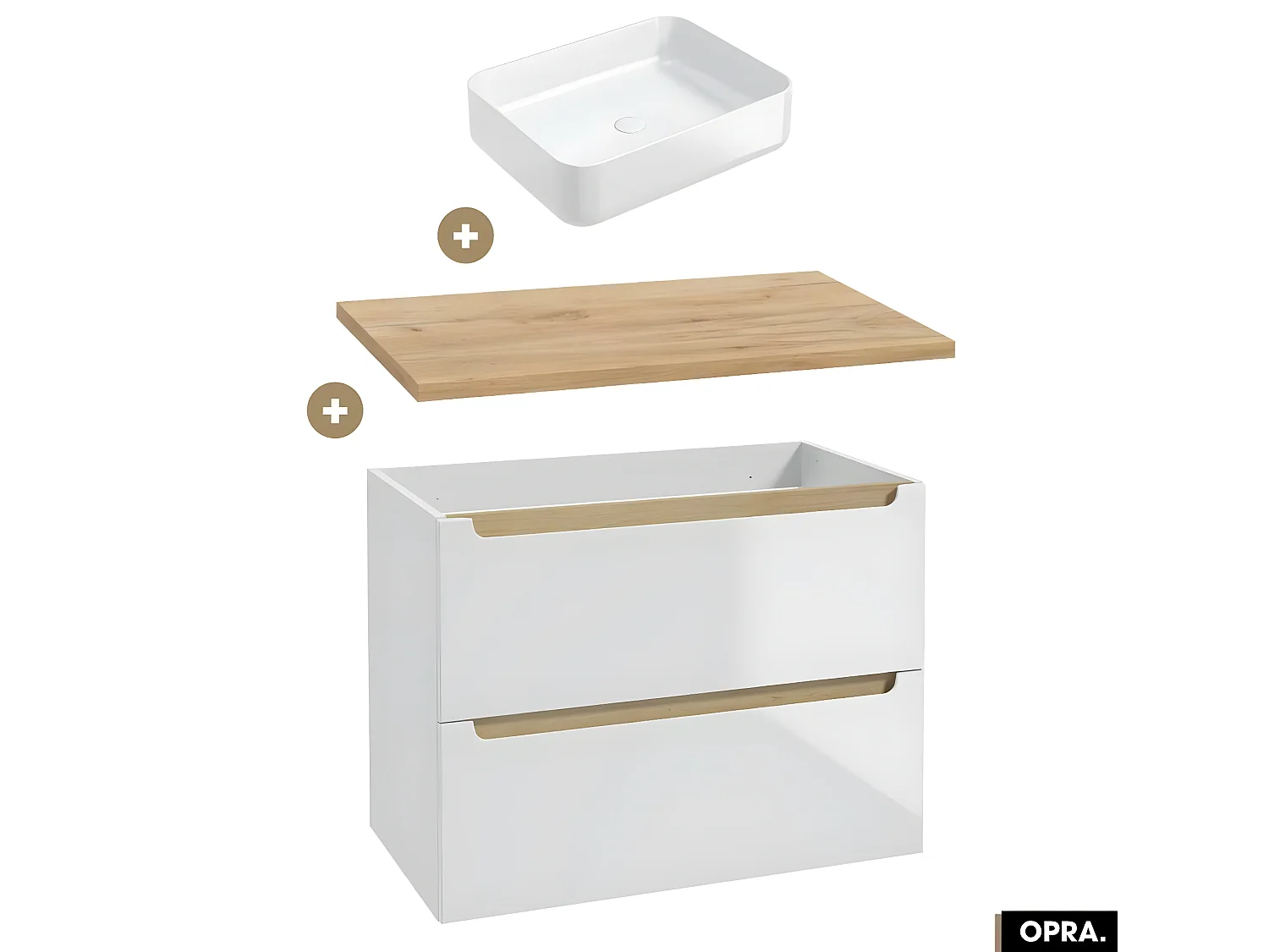 Ensemble meuble sous vasque avec plan et vasque à poser - Siphon OFFERT | OPRA | Blanc-Oak | 80 × 60 × 45 cm