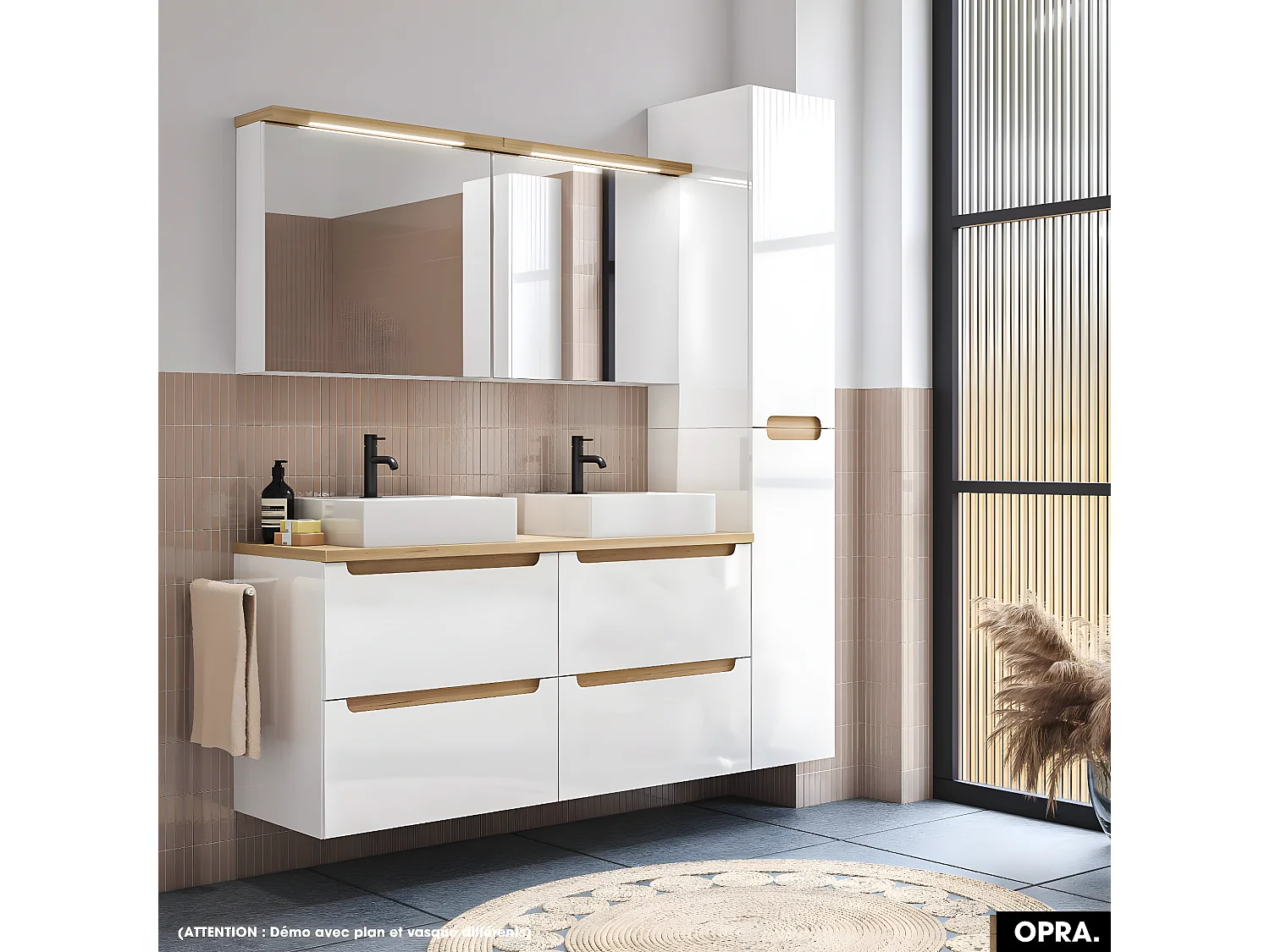 Ensemble meuble sous vasque avec plan et vasque à poser - Siphon OFFERT | OPRA | Blanc-Oak | 80 × 60 × 45 cm