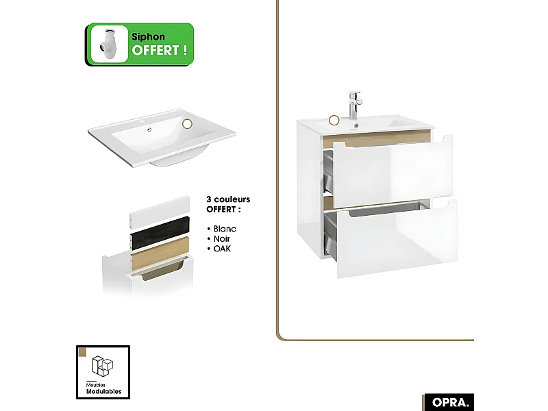 Ensemble meuble sous vasque avec vasque - Siphon OFFERT | PURE | Blanc | 60 x 60 x 45 cm