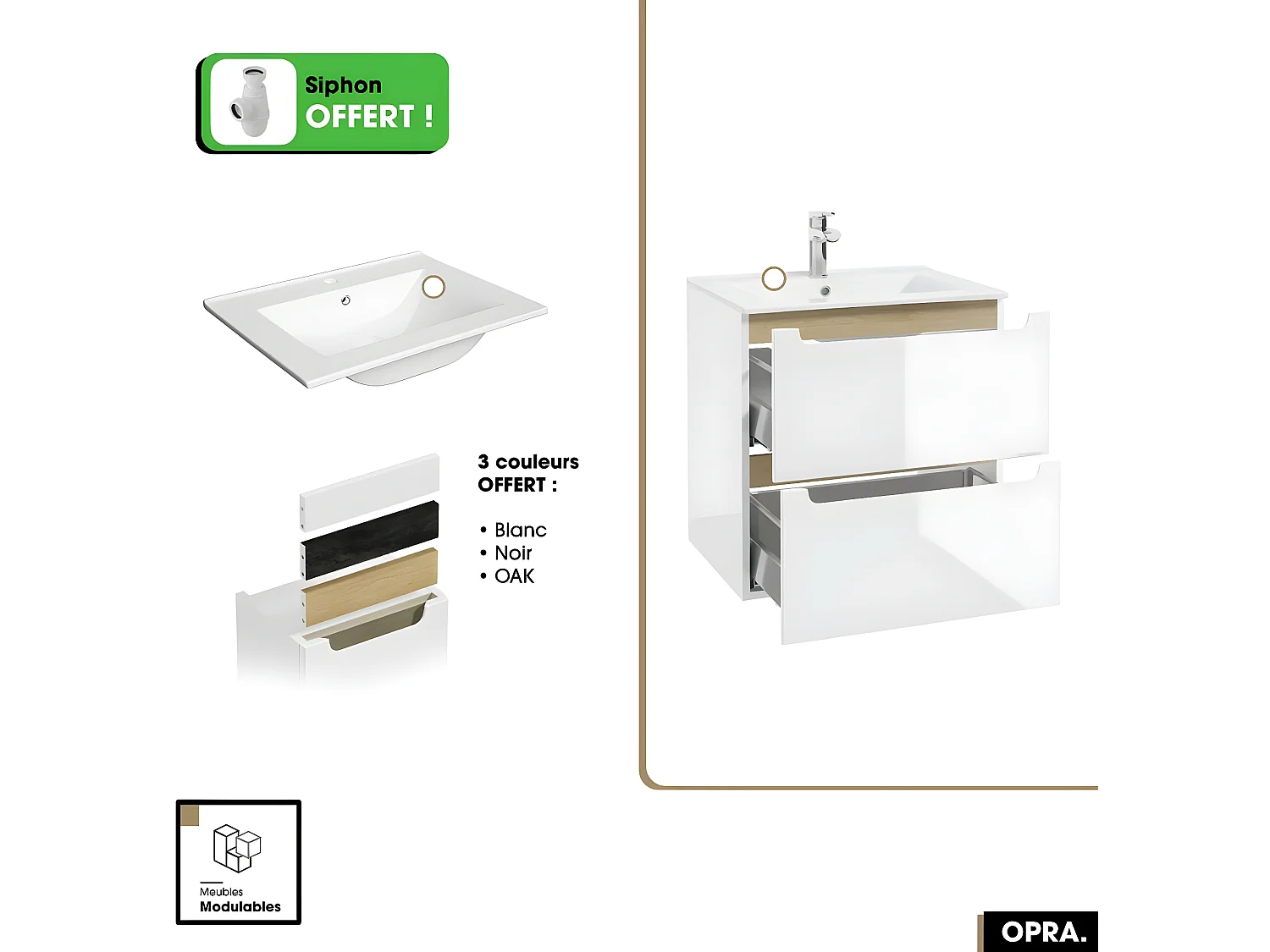 Ensemble meuble sous vasque avec vasque - Siphon OFFERT | PURE | Blanc | 60 x 60 x 45 cm