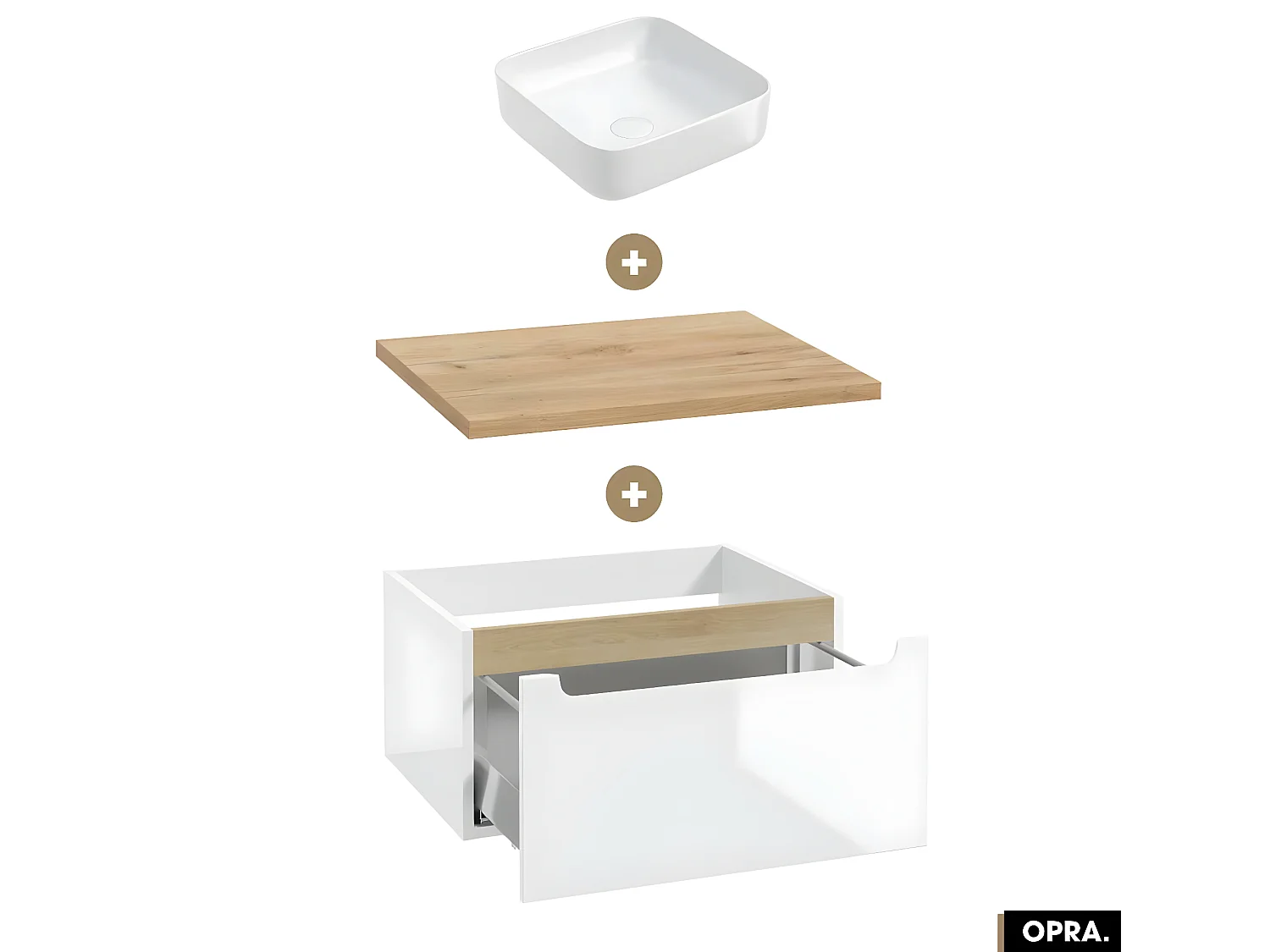 Ensemble meuble sous vasque avec plan et vasque à poser - Siphon OFFERT | OPRA | Blanc-Oak | 60 × 30 × 45 cm