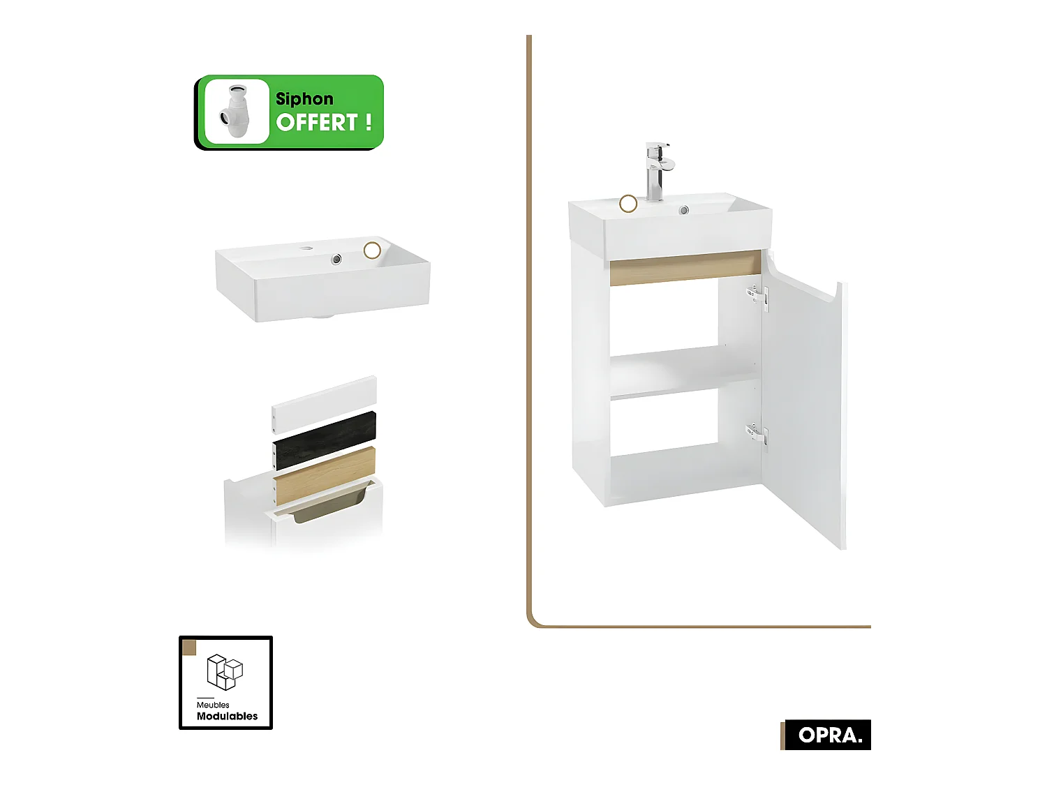 Meuble lave-mains avec vasque - Siphon OFFERT | OPRA | Blanc | 43 x 60 x 30 cm