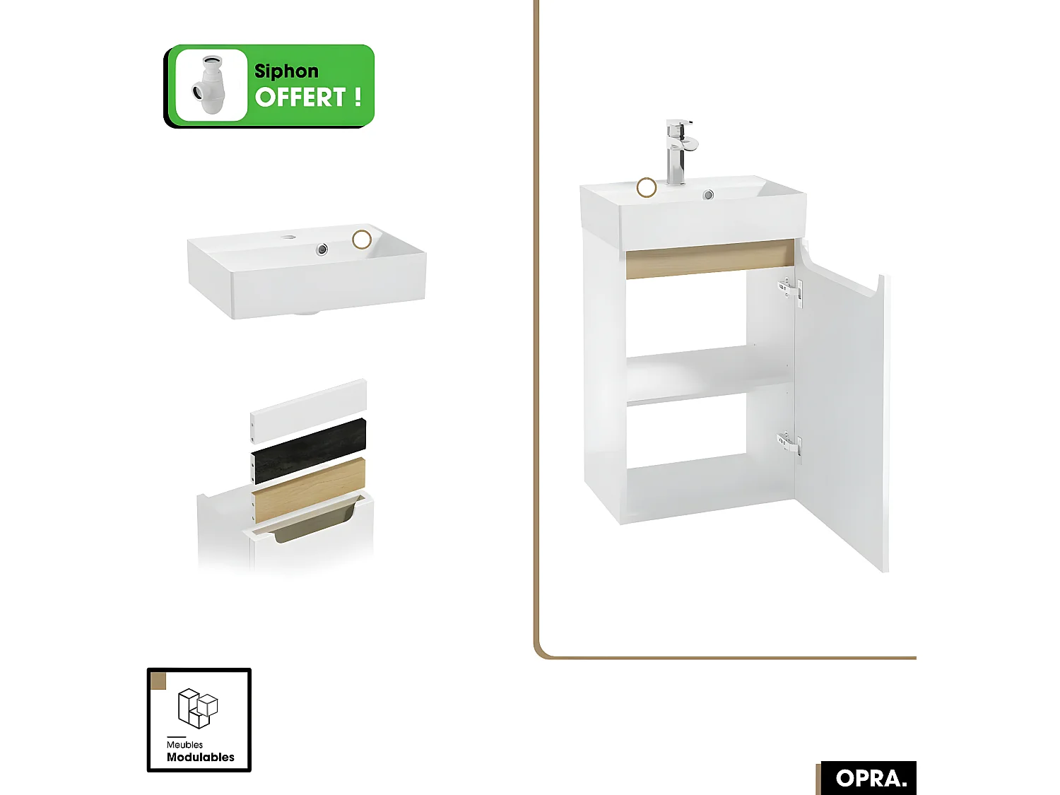 Meuble lave-mains avec vasque - Siphon OFFERT | OPRA | Blanc | 47 x 60 x 30 cm