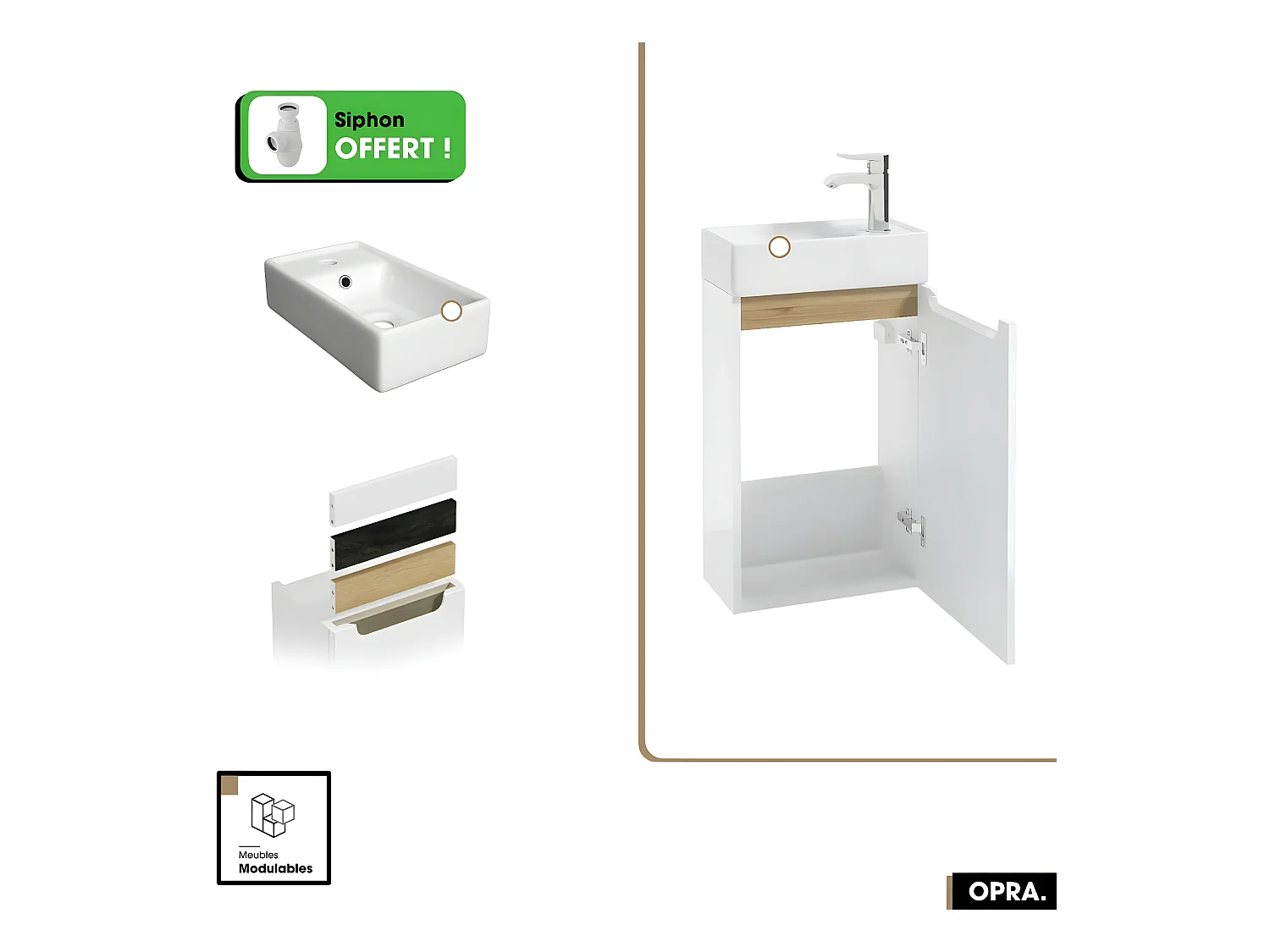 Meuble lave-mains avec vasque - Siphon OFFERT | OPRA | Blanc | 39 x 60 x22 cm