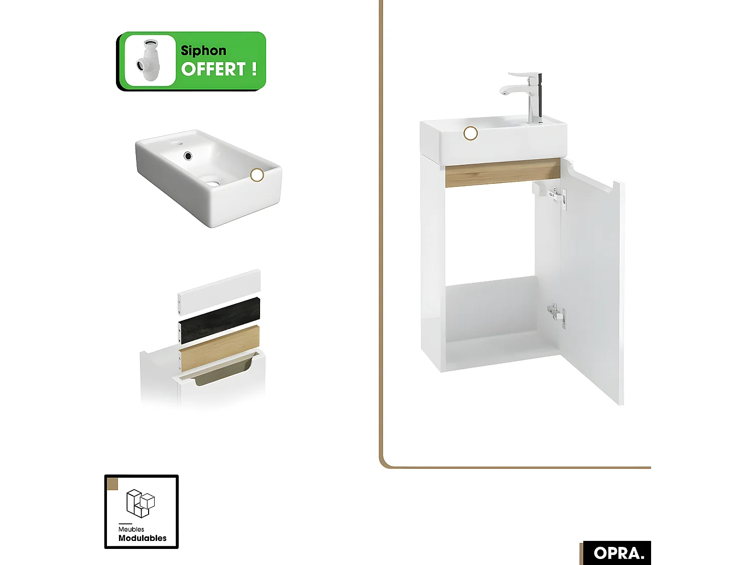 Meuble lave-mains avec vasque - Siphon OFFERT | OPRA | Blanc | 39 x 60 x22 cm