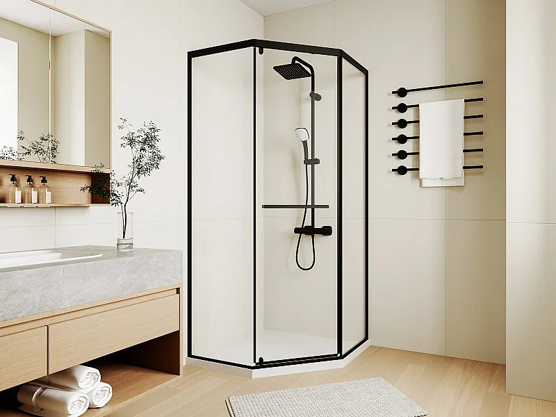 Painel de duche pentagonal com base recetora 90x90x195 cm preto mate - CRISTELIO