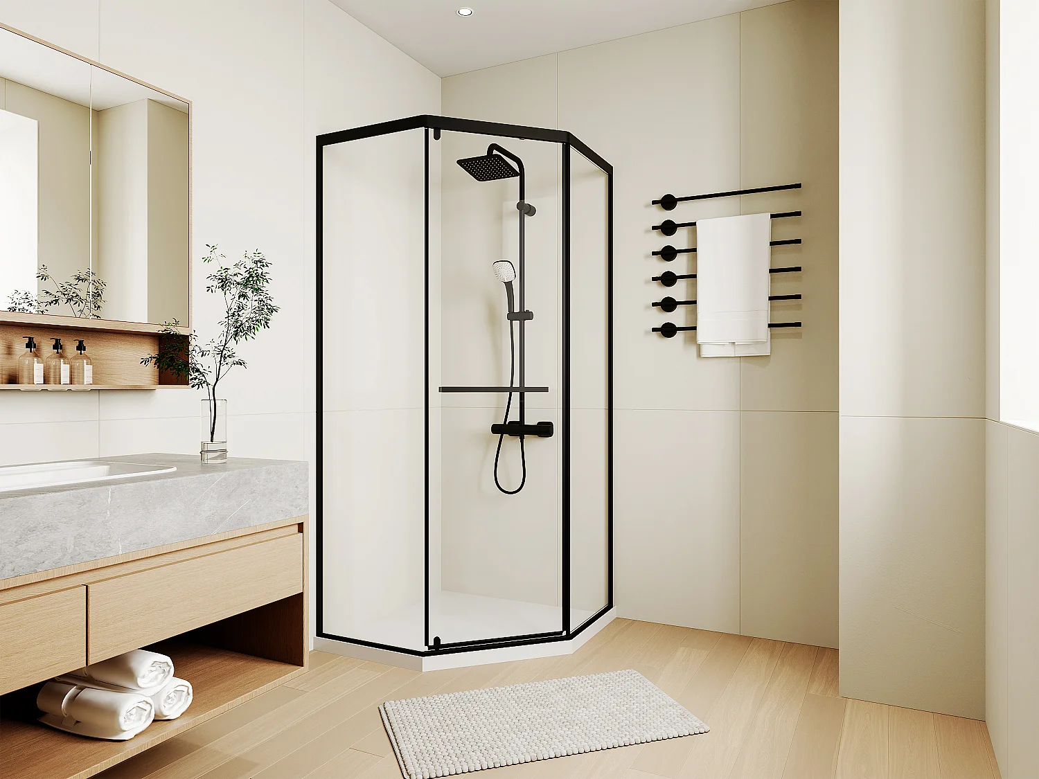 Paroi de douche pentagonale avec receveur - 90 x 90 x 195 cm - Noir mat - CRISTELIO