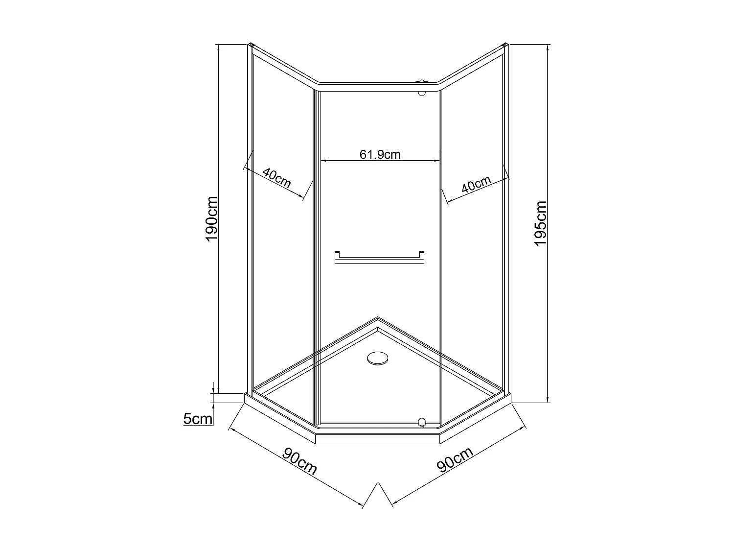 Painel de duche pentagonal com base recetora 90x90x195 cm preto mate - CRISTELIO