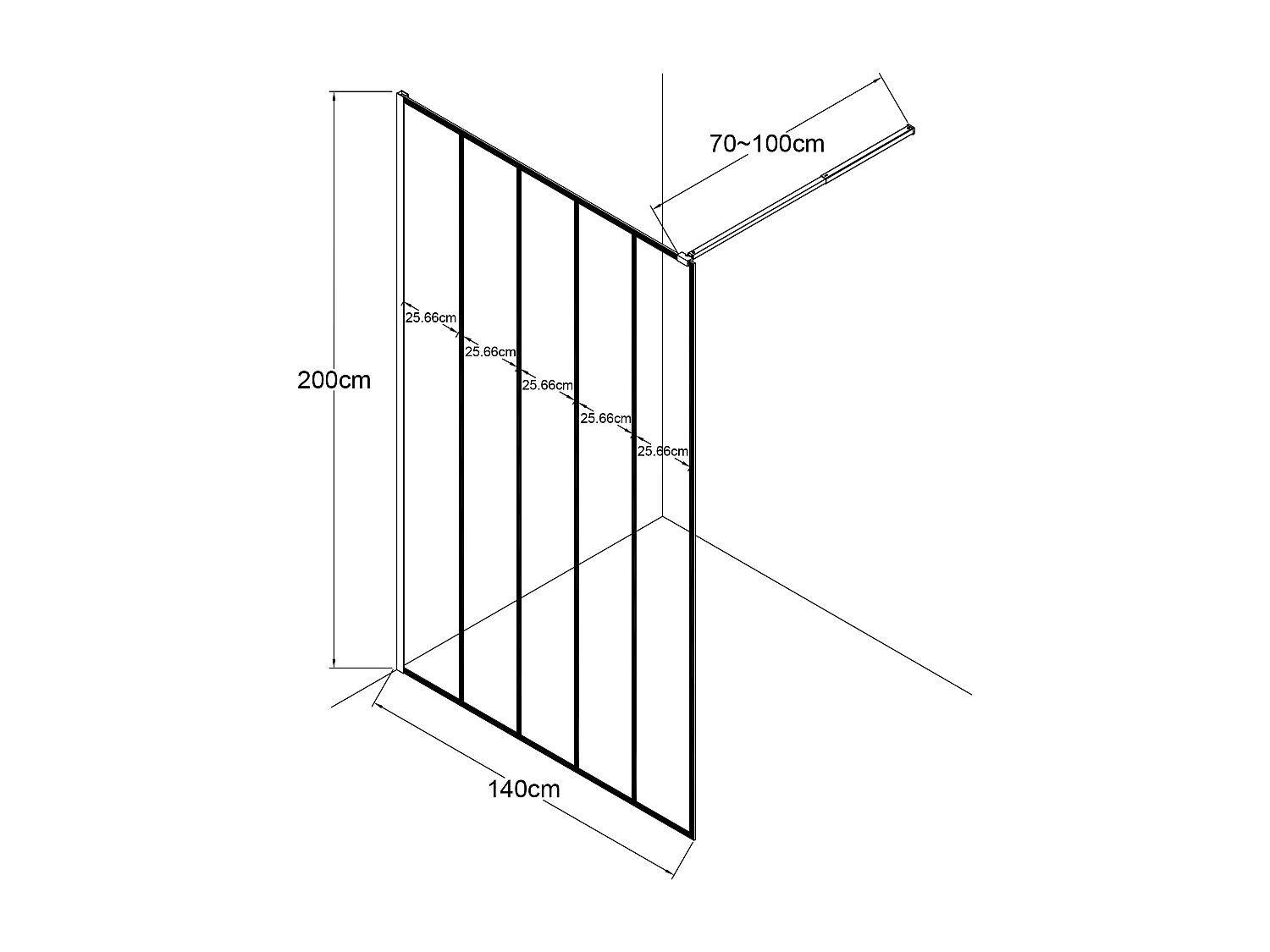 Duschtrennwand Seitenwand italienische Dusche - Industrial Style - Schwarz matt - 140 x 200 cm - ATALIA II