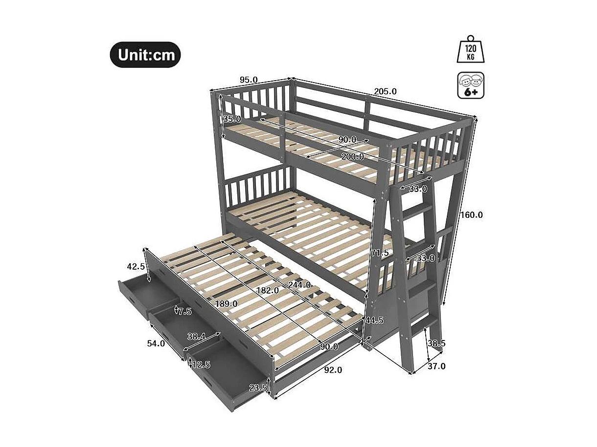 Stapelbed 90x200cm - met onderschuifbed en 3 lades - in massief grenenhout en MDF - Grijs
