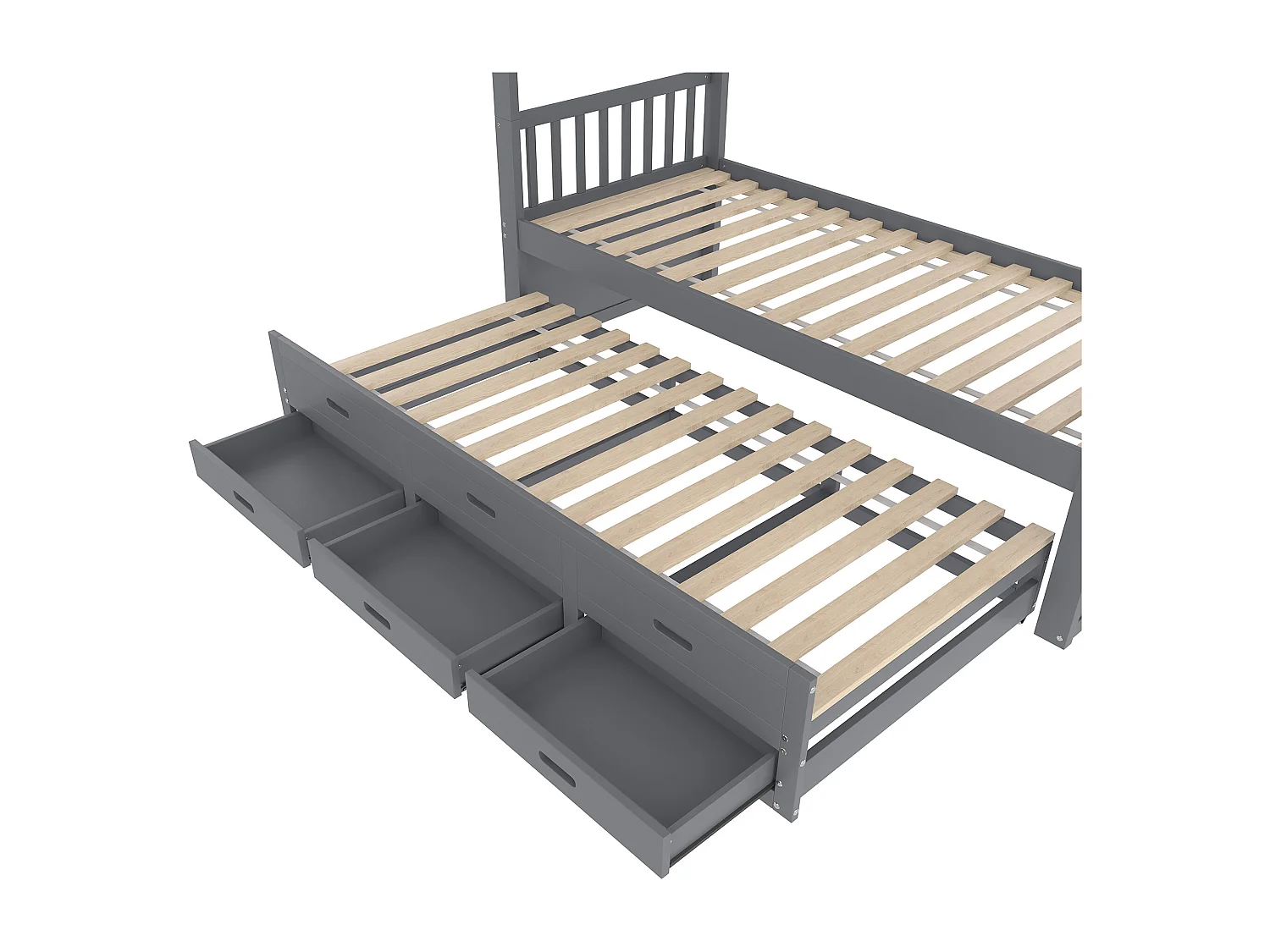 Stapelbed 90x200cm - met onderschuifbed en 3 lades - in massief grenenhout en MDF - Grijs