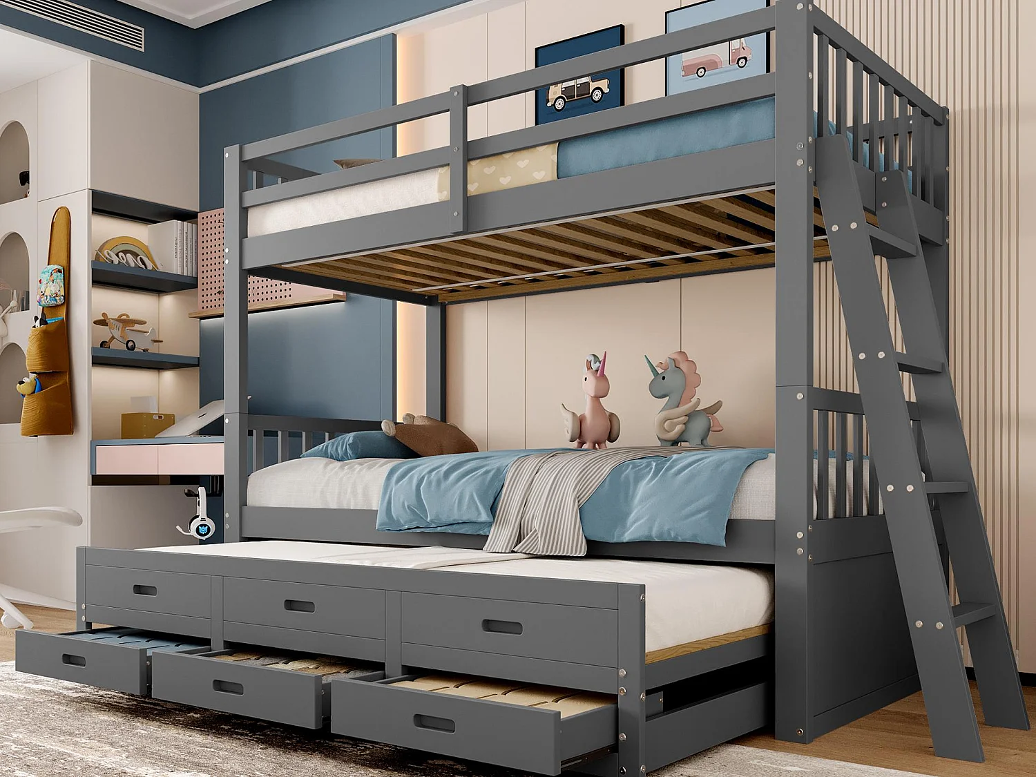 Letto a castello 90x200 cm - con letto estraibile e 3 cassetti - in legno di pino massiccio e MDF - Grigio