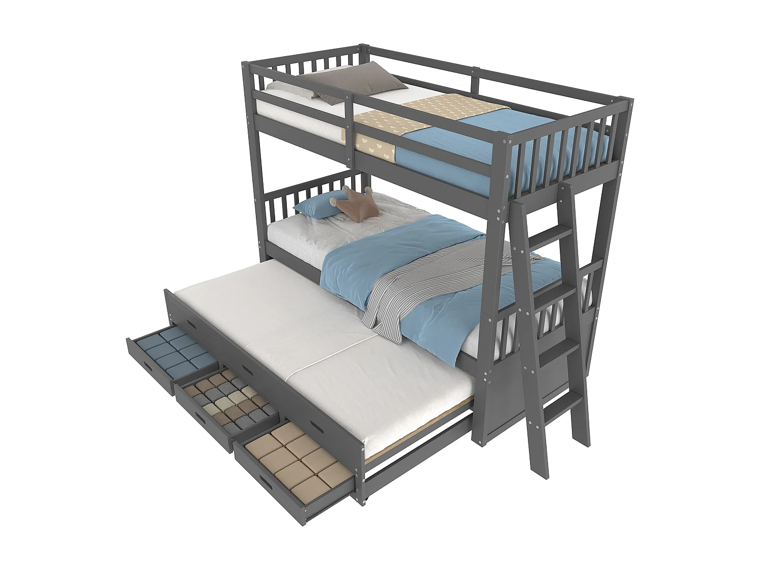 Letto a castello 90x200 cm - con letto estraibile e 3 cassetti - in legno di pino massiccio e MDF - Grigio