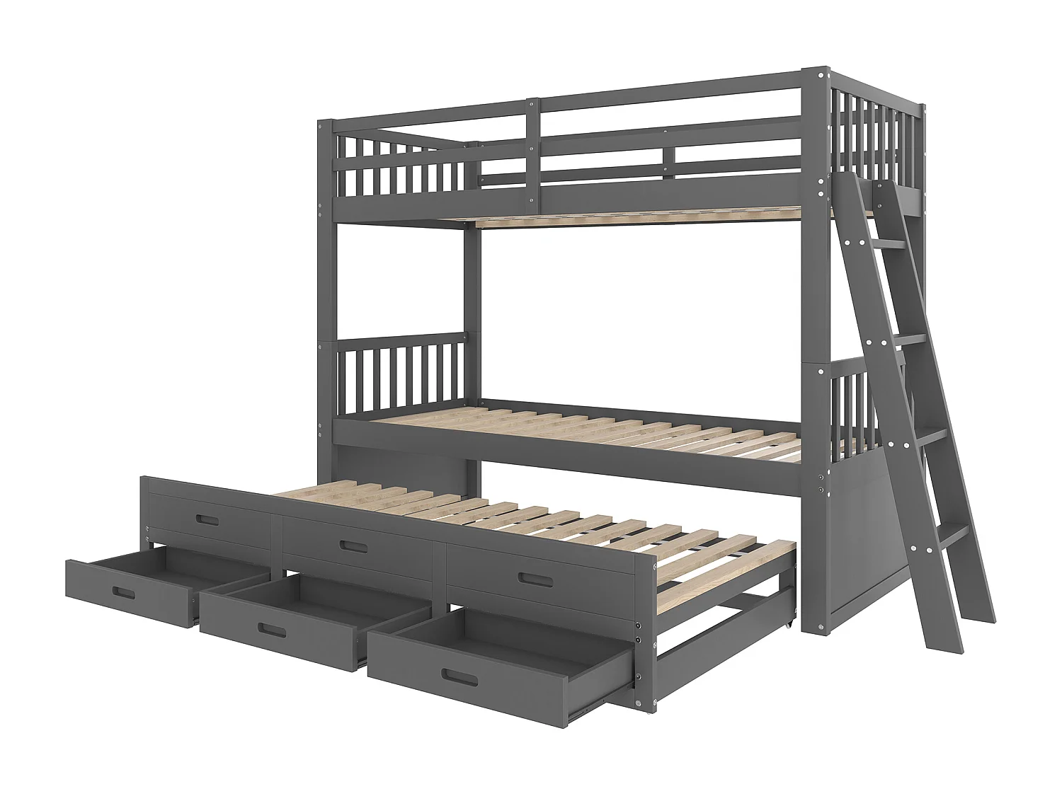 Letto a castello 90x200 cm - con letto estraibile e 3 cassetti - in legno di pino massiccio e MDF - Grigio