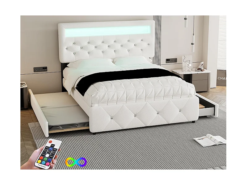 Gepolstertes Erwachsenenbett 140 x 200 cm mit LED – mit Ausziehbett und 2 Schubladen – Leinenstoff – Weiß