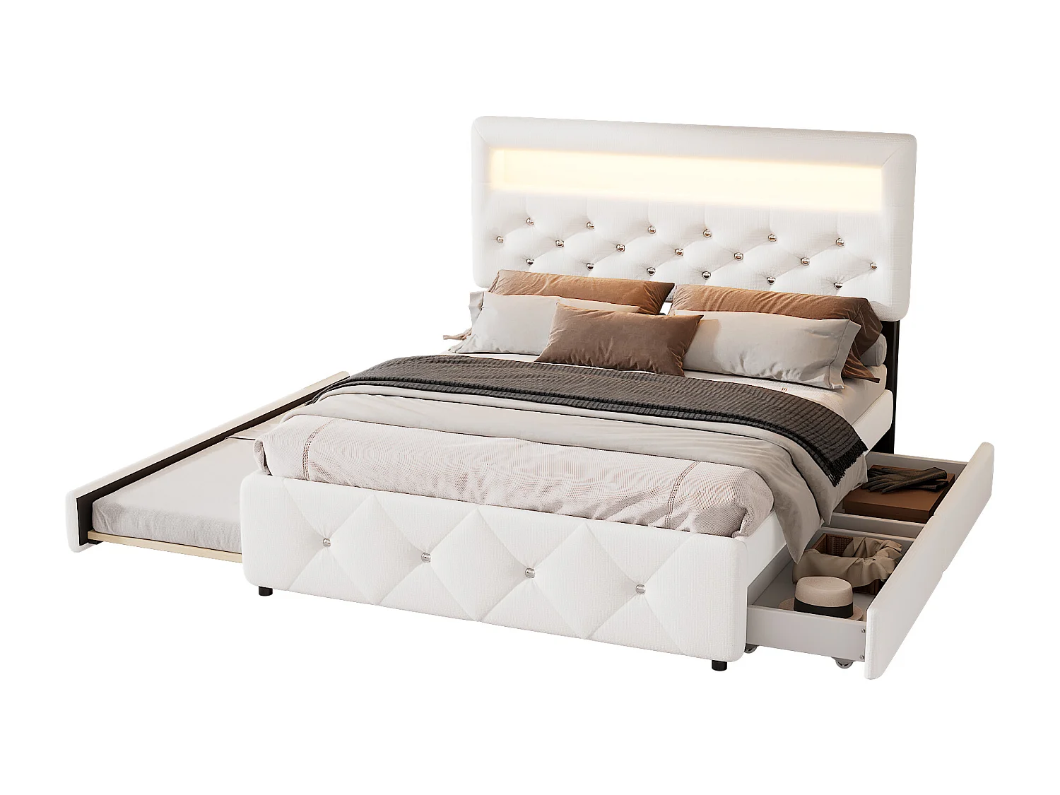 Lit rembourré 140x200cm avec LED - avec un lit gigogne et 2 tiroirs - tissu en lin - Blanc