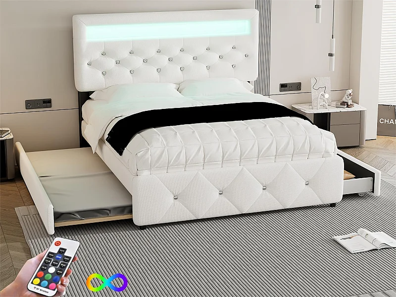 Lit rembourré 140x200cm avec LED - avec un lit gigogne et 2 tiroirs - tissu en lin - Blanc