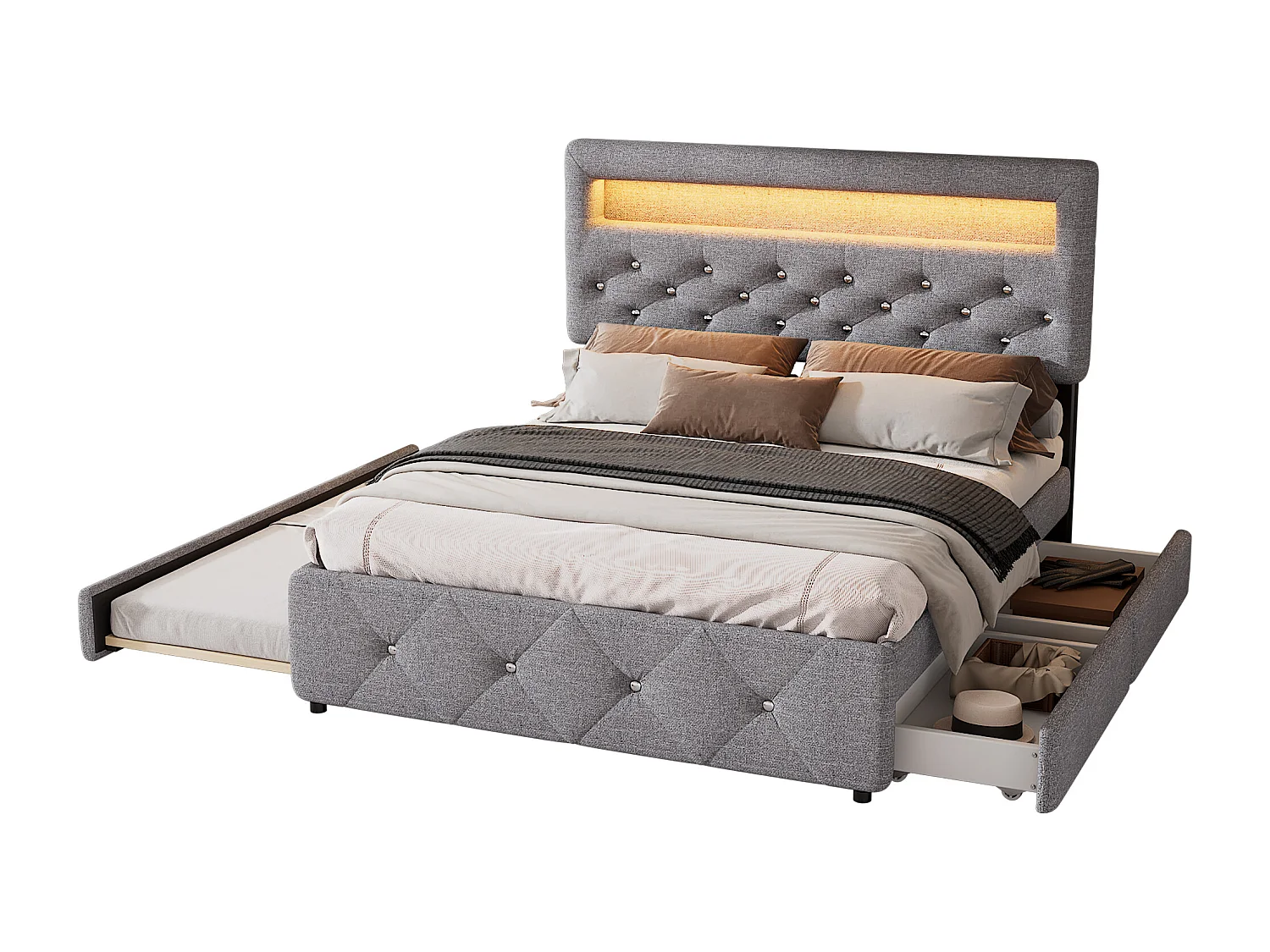 Lit adulte rembourré 140x200cm avec LED - avec un lit gigogne et 2 tiroirs - Tissu en Lin - Gris