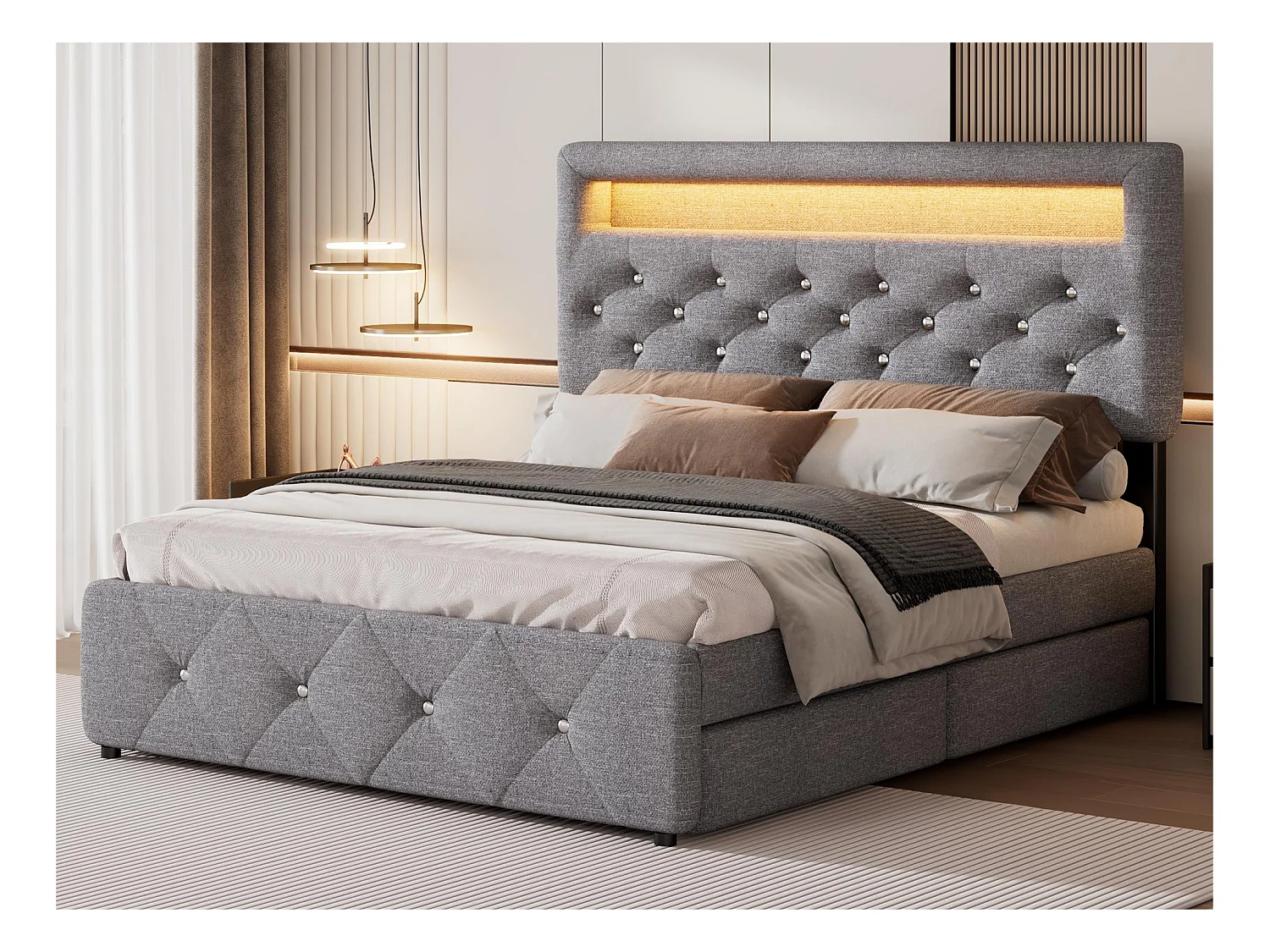 Lit adulte rembourré 140x200cm avec LED - avec un lit gigogne et 2 tiroirs - Tissu en Lin - Gris