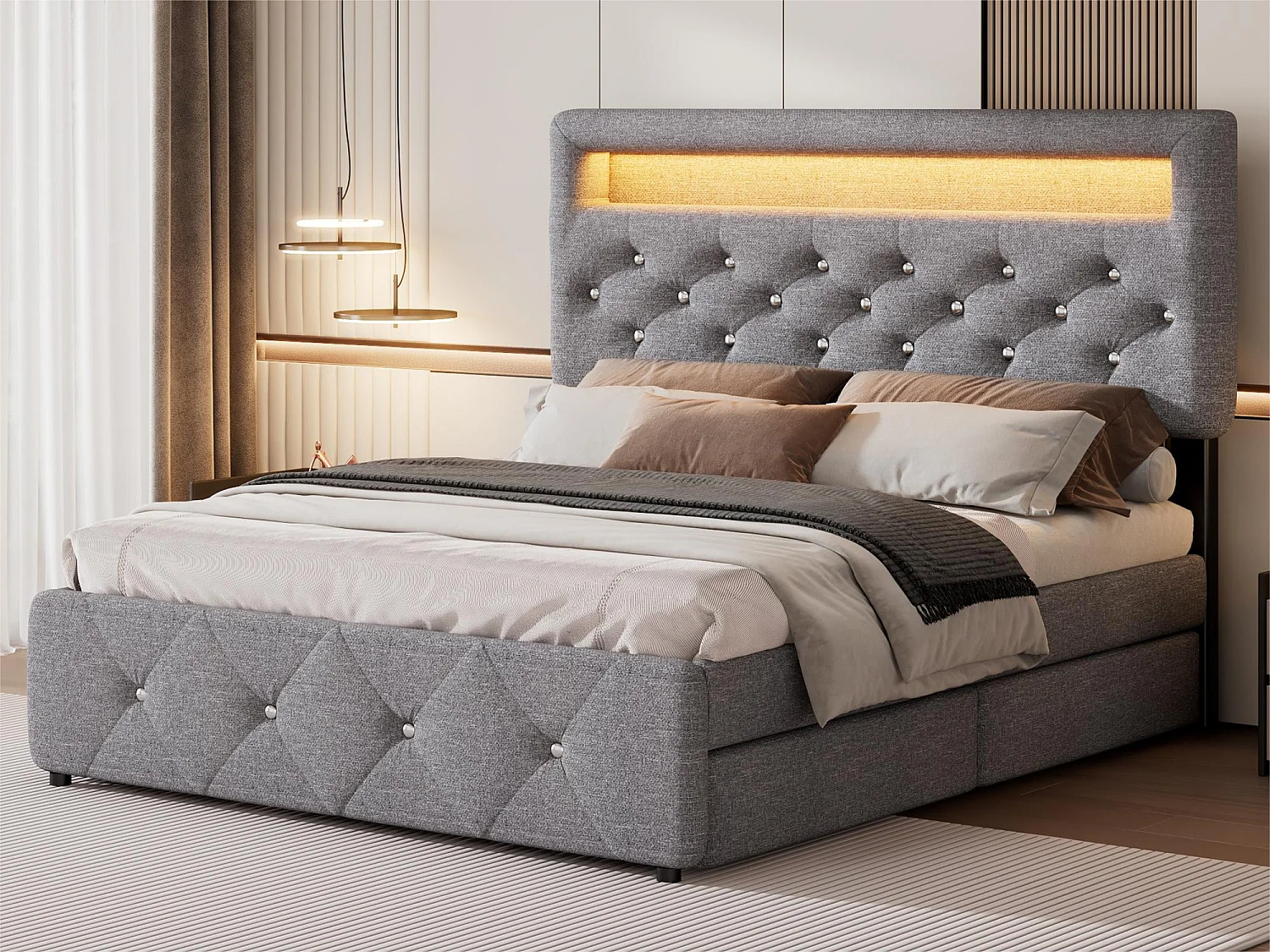 Lit adulte rembourré 140x200cm avec LED - avec un lit gigogne et 2 tiroirs - Tissu en Lin - Gris