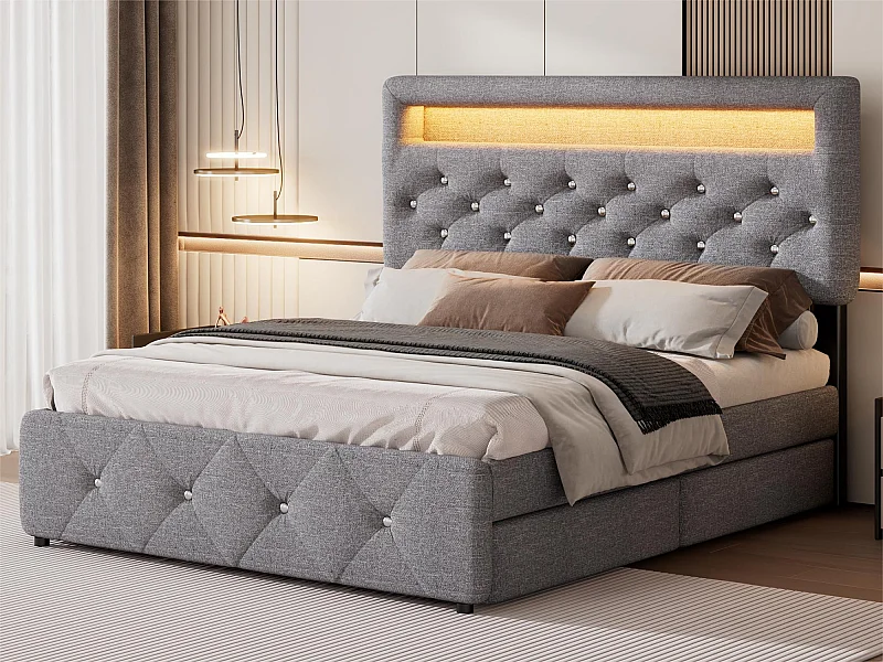 Lit adulte rembourré 140x200cm avec LED - avec un lit gigogne et 2 tiroirs - Tissu en Lin - Gris