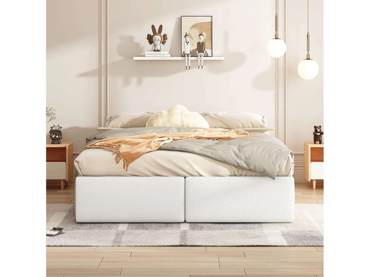 Lit double rembourré 140x200cm sans tête de lit - avec 2 tiroirs - Tissu en Lin - Blanc