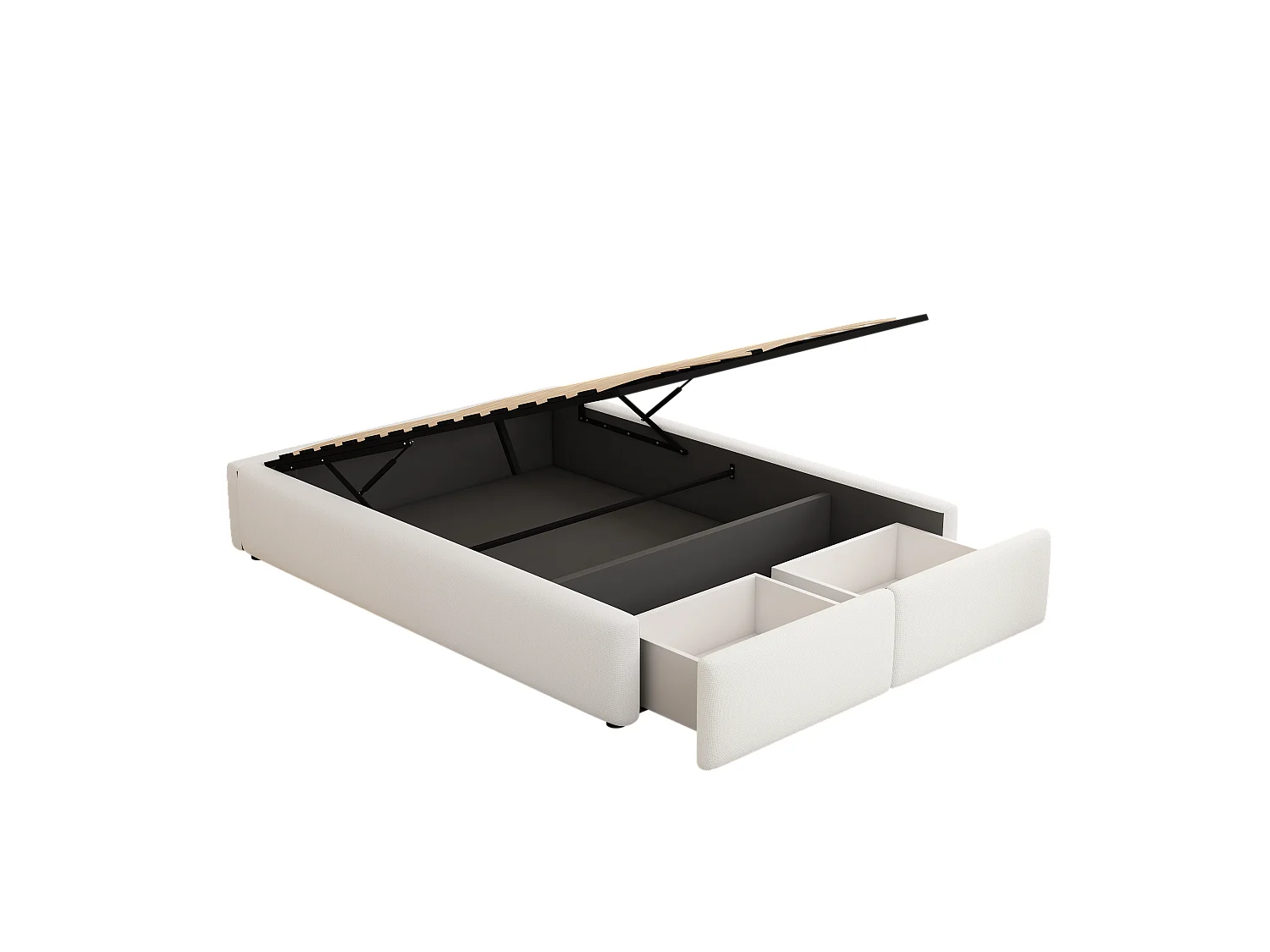 Lit double rembourré 140x200cm sans tête de lit - avec 2 tiroirs - Tissu en Lin - Blanc