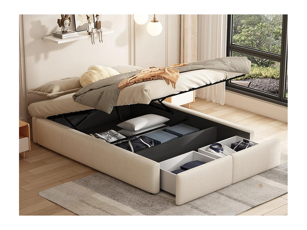 Lit double rembourré 140x200cm sans tête de lit - avec 2 tiroirs - Tissu en Lin - Blanc
