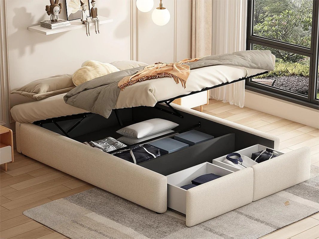 Gepolstertes Doppelbett 140 x 200 cm ohne Kopfteil – mit 2 Schubladen – Leinenstoff – Weiß