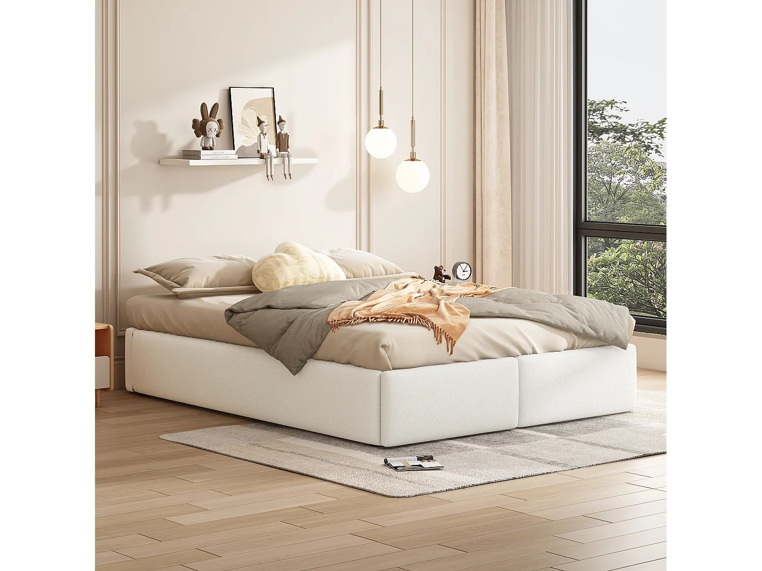 Gepolstertes Doppelbett 140 x 200 cm ohne Kopfteil – mit 2 Schubladen – Leinenstoff – Weiß