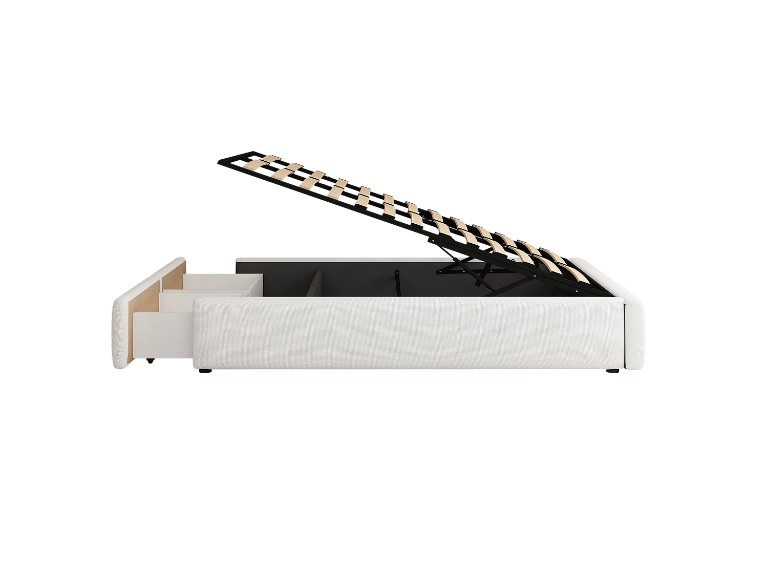 Cama doble tapizada 140x200cm sin cabecero - con 2 cajones - Tela de Lino - Blanco