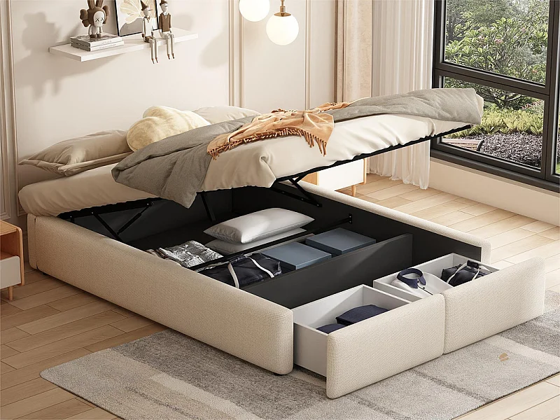 Gepolstertes Doppelbett 140 x 200 cm ohne Kopfteil – mit 2 Schubladen – Leinenstoff – Weiß