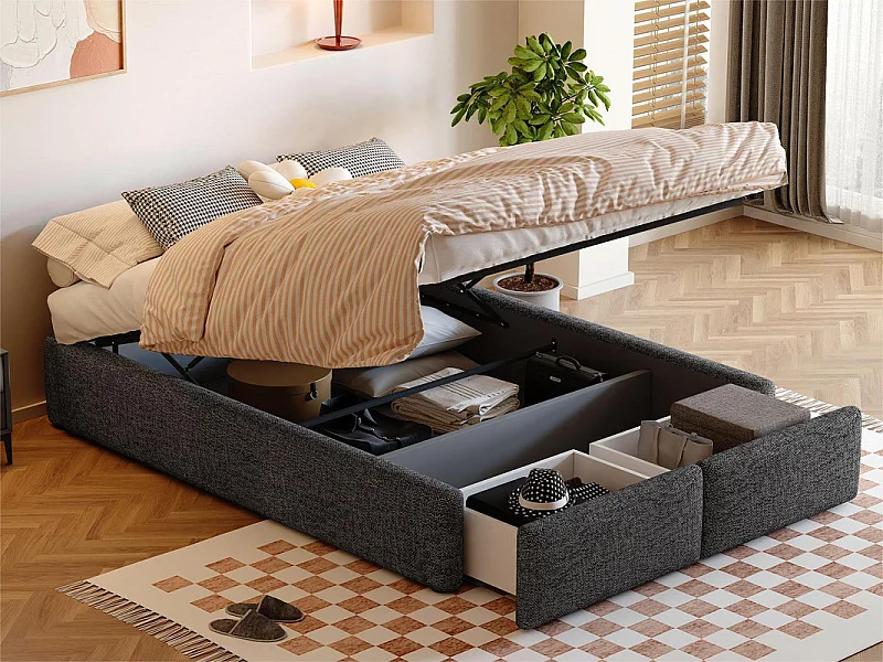 Gepolstertes Doppelbett 140 x 200 cm ohne Kopfteil – mit 2 Schubladen – Leinenstoff – Grau