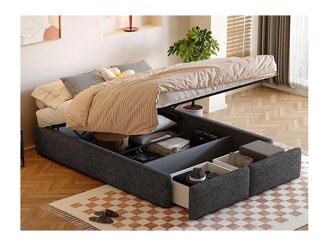 Lit double rembourré 140x200cm sans tête de lit - avec 2 tiroirs - Tissu en Lin - Gris