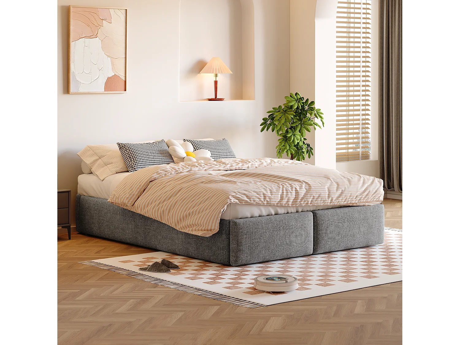 Lit double rembourré 140x200cm sans tête de lit - avec 2 tiroirs - Tissu en Lin - Gris