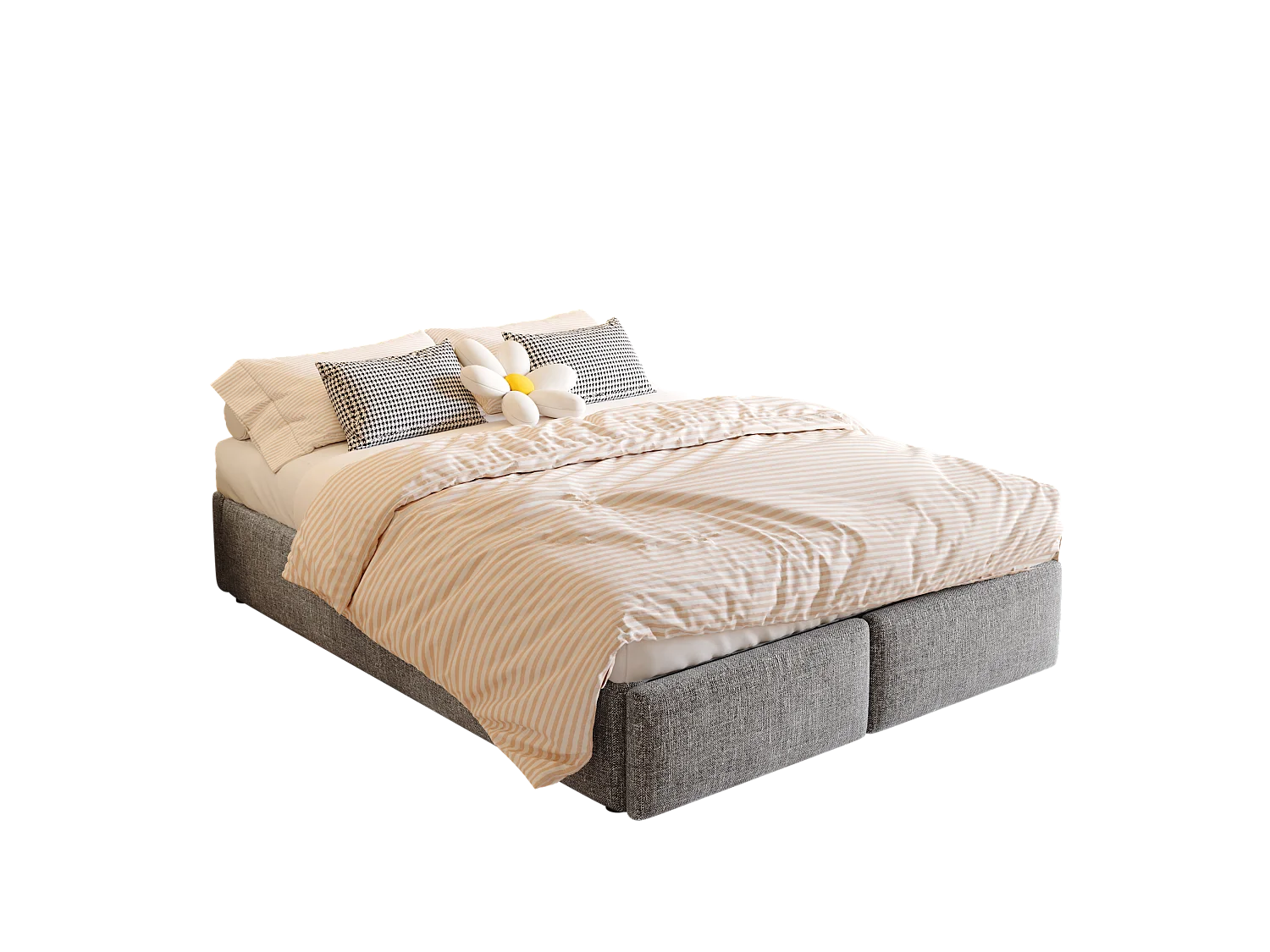 Lit double rembourré 140x200cm sans tête de lit - avec 2 tiroirs - Tissu en Lin - Gris