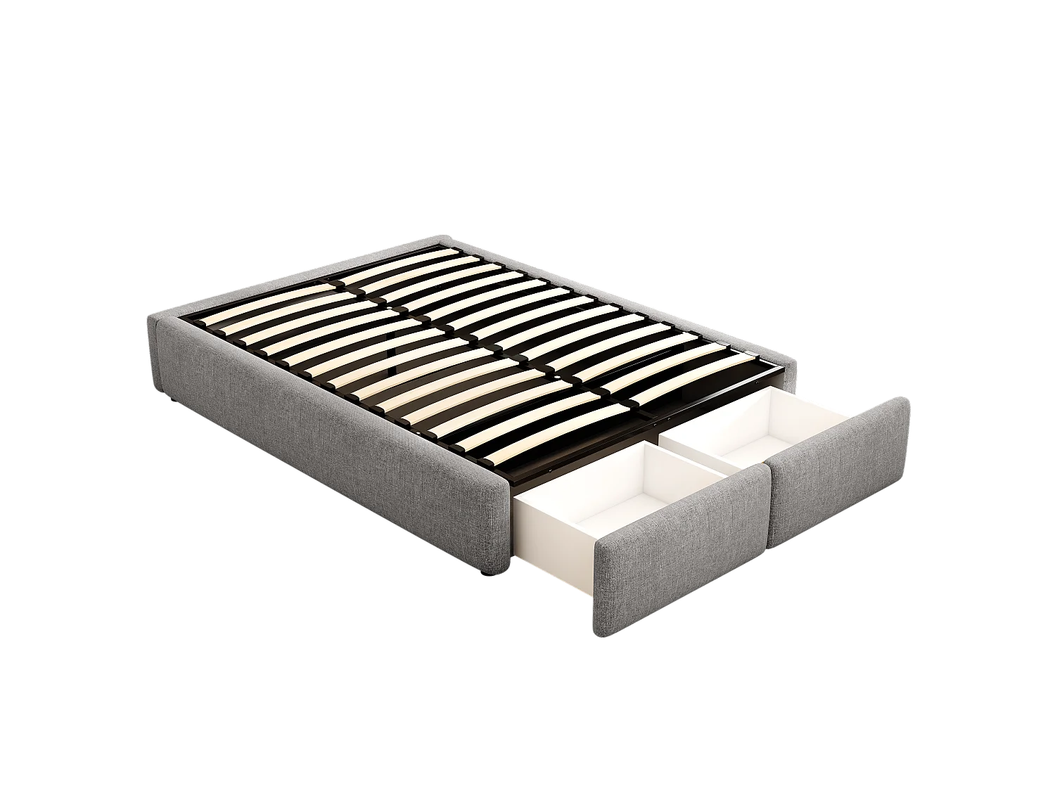 Lit double rembourré 140x200cm sans tête de lit - avec 2 tiroirs - Tissu en Lin - Gris