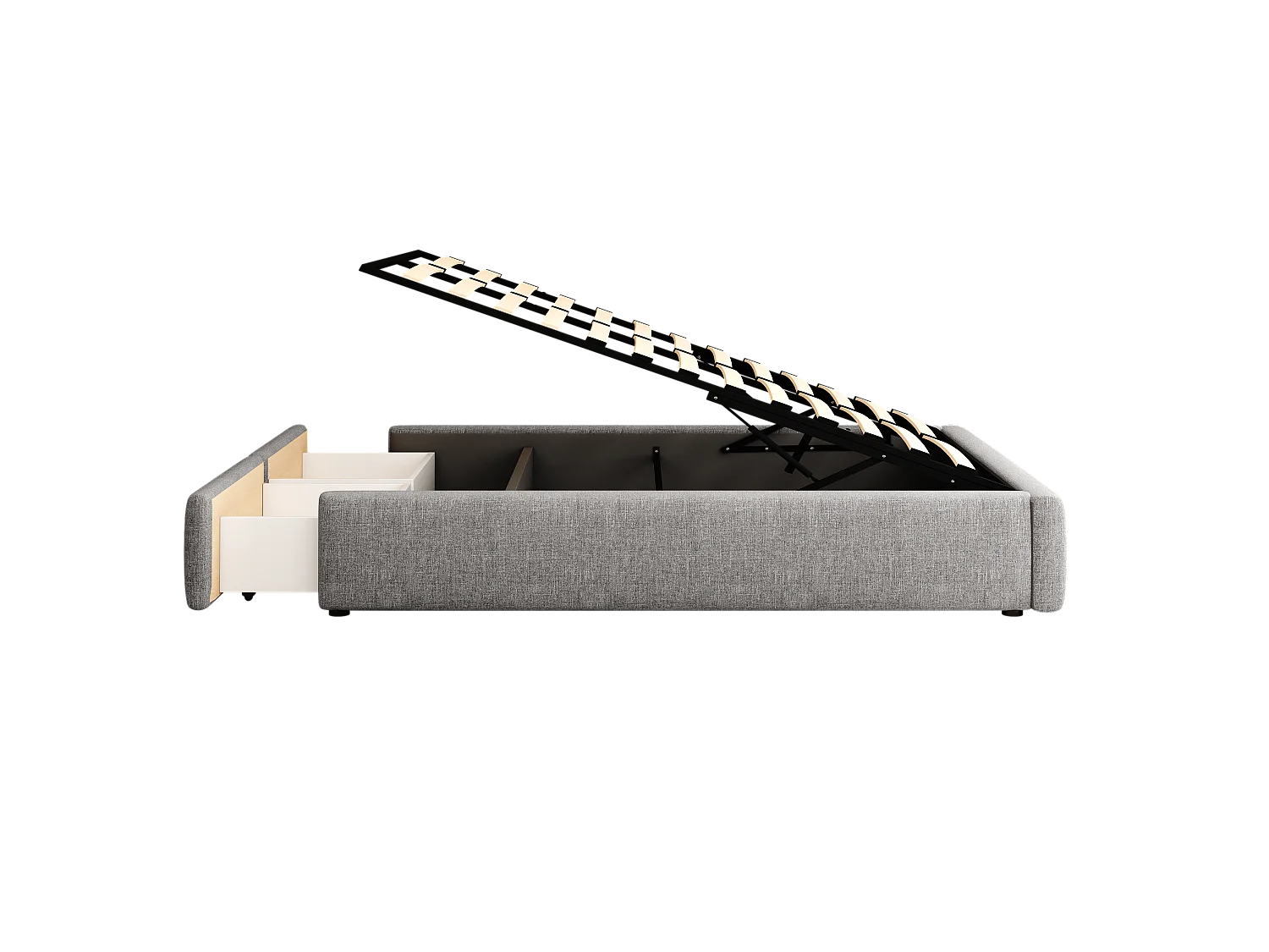 Lit double rembourré 140x200cm sans tête de lit - avec 2 tiroirs - Tissu en Lin - Gris