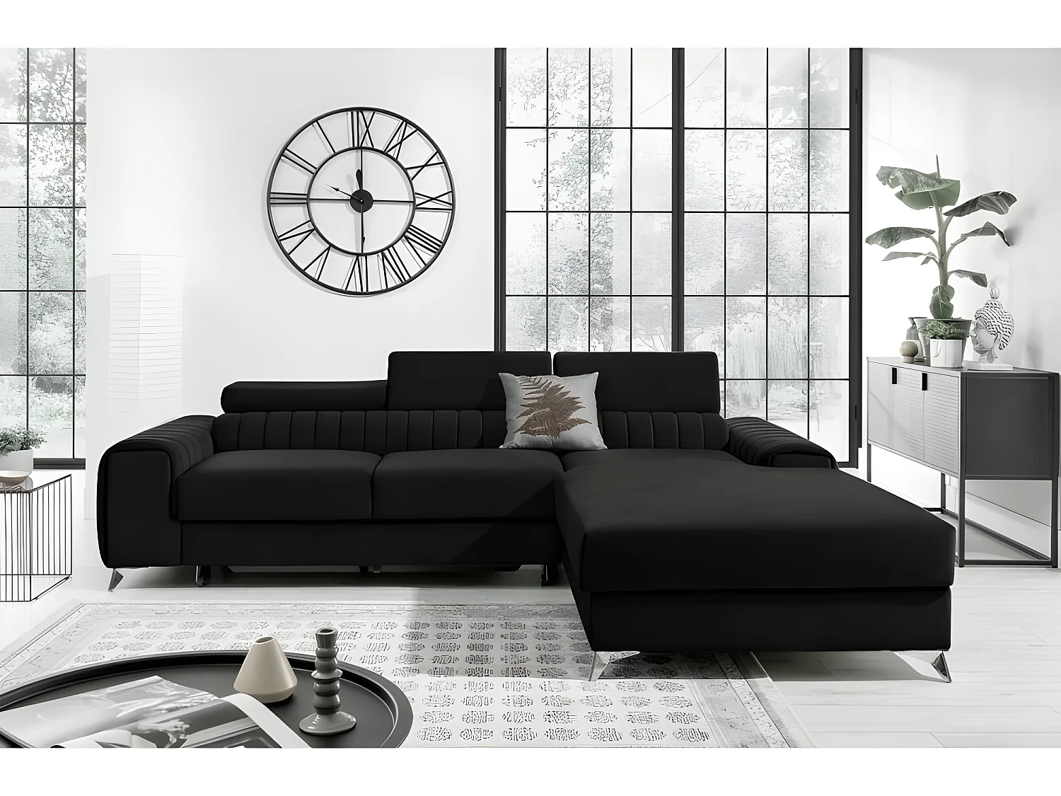 Canapé d'angle convertible RINNO avec têtières réglables angle droit noir