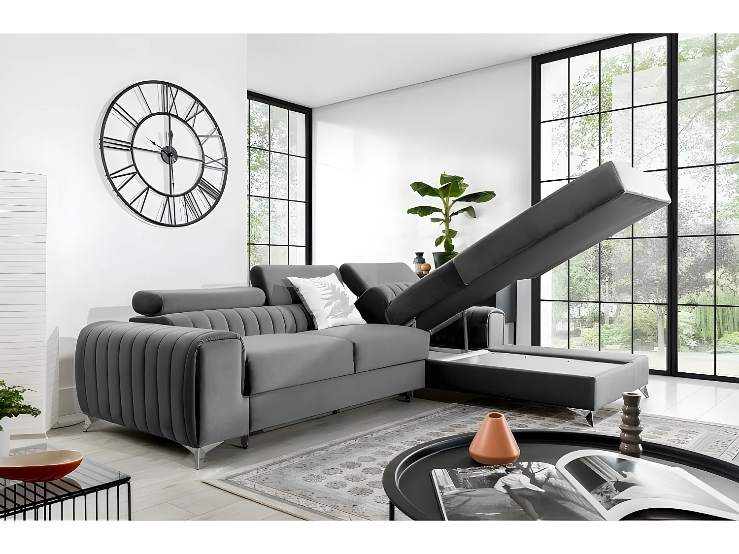 Canapé d'angle convertible RINNO avec têtières réglables angle droit noir