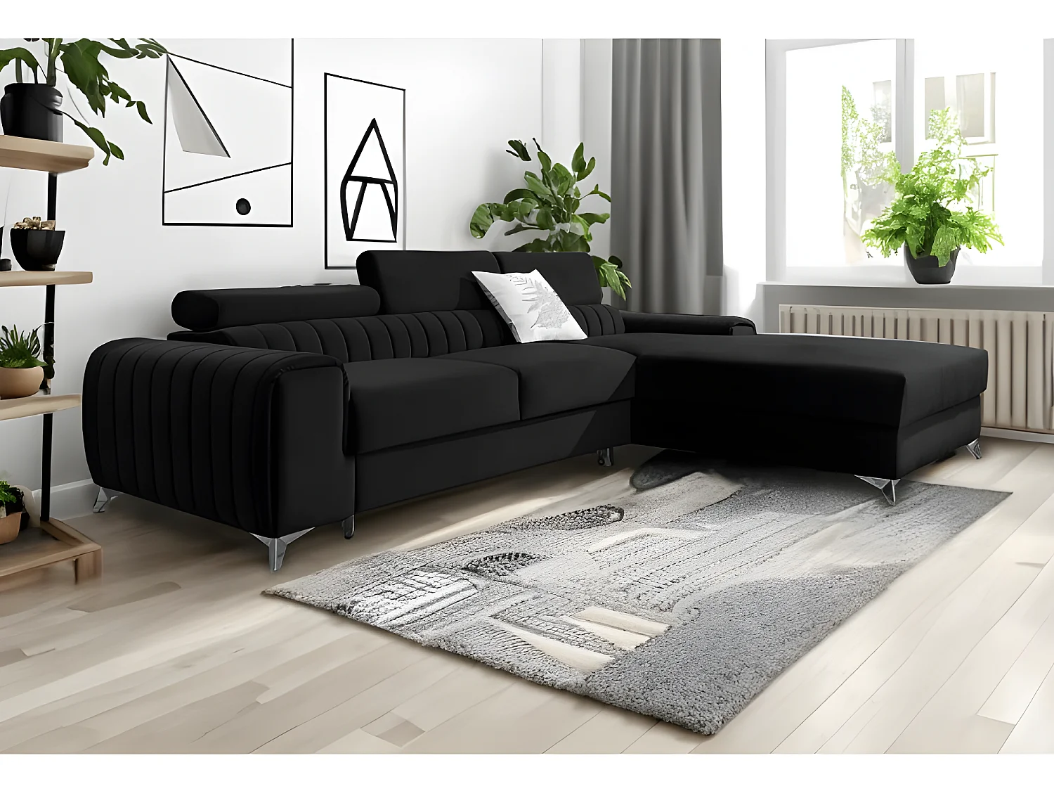 Canapé d'angle convertible RINNO avec têtières réglables angle droit noir