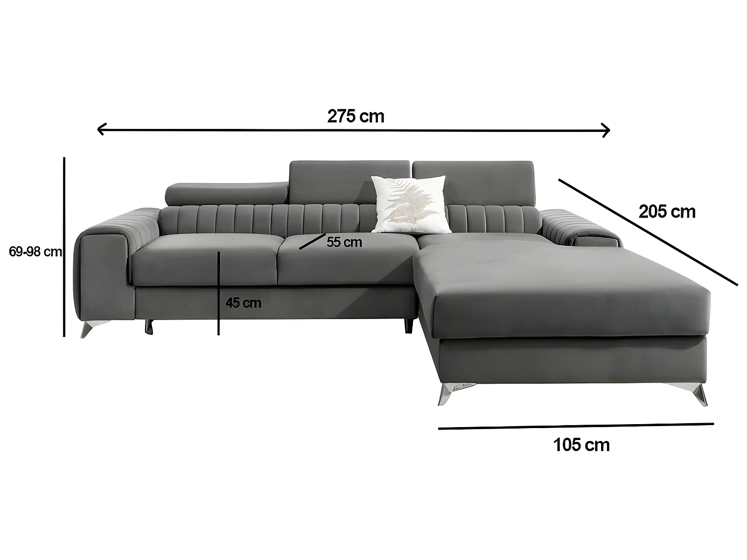 Canapé d'angle convertible RINNO avec têtières réglables angle droit noir