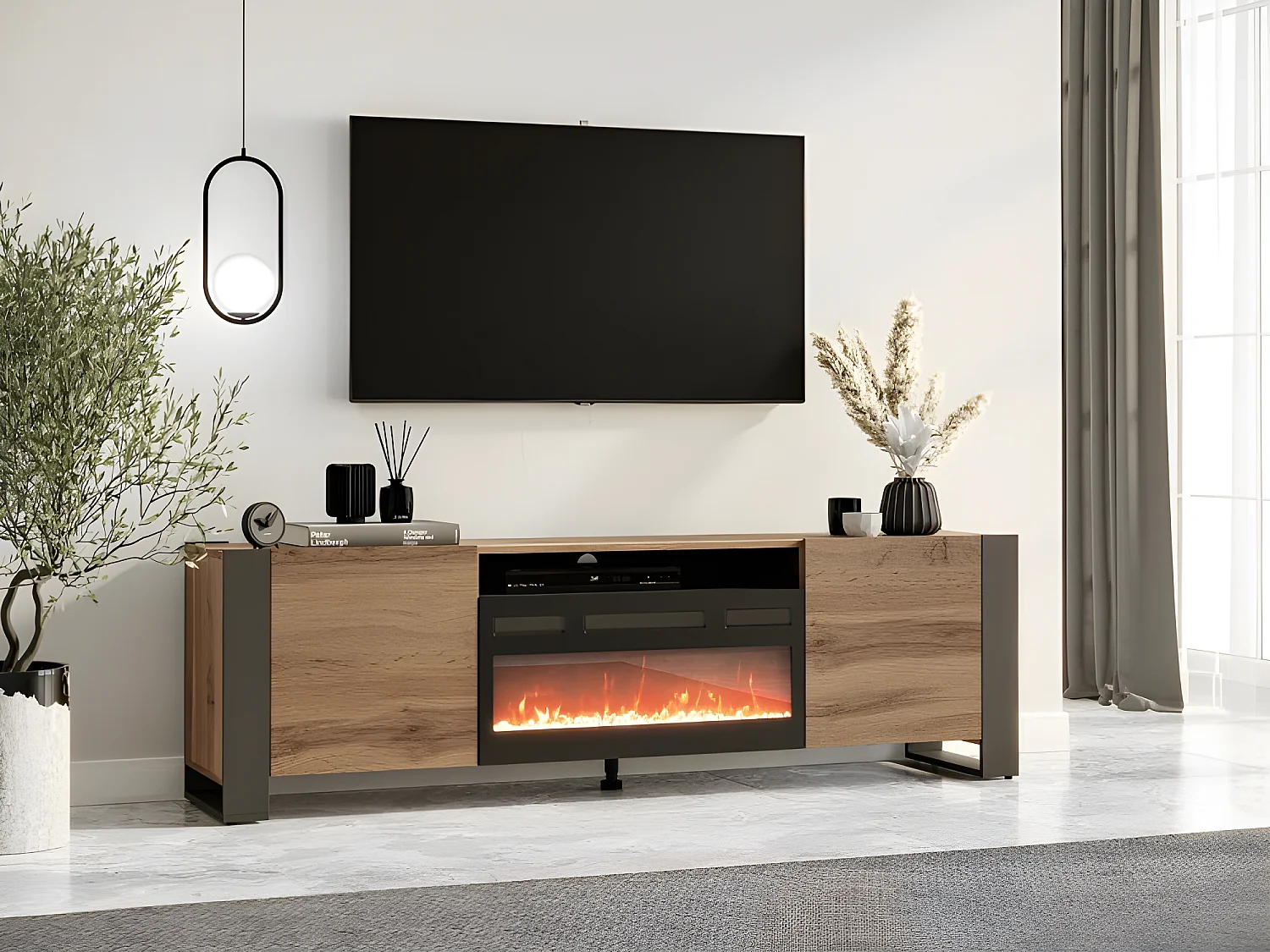 WODD Meuble TV Bas en chêne Anthracite avec cheminée chauffante électrique. Style Industriel
