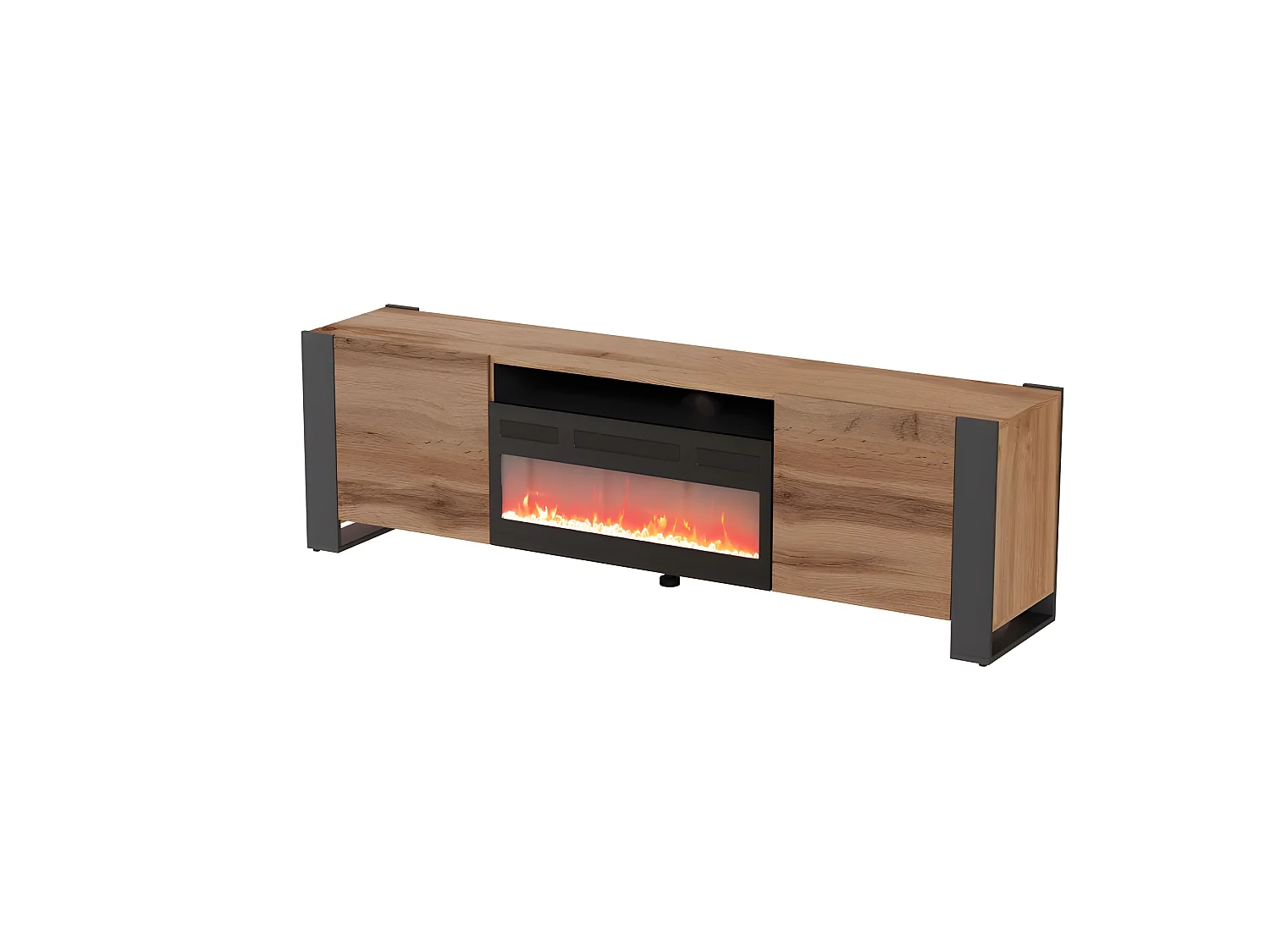 WODD Meuble TV Bas en chêne Anthracite avec cheminée chauffante électrique. Style Industriel