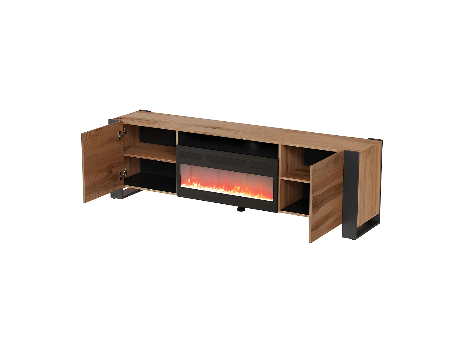 WODD Meuble TV Bas en chêne Anthracite avec cheminée chauffante électrique. Style Industriel