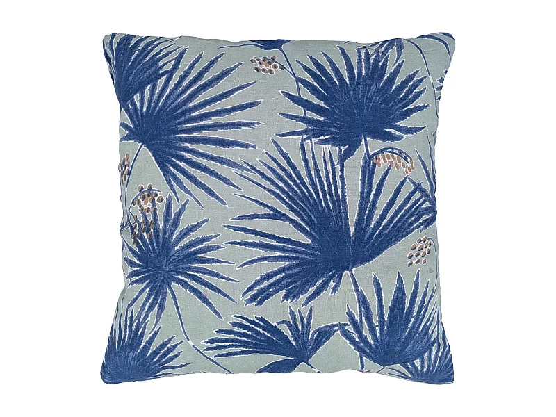 Housse de coussin 45x45 cm lin lavé motif végétal PALAWAN bleu Indigo